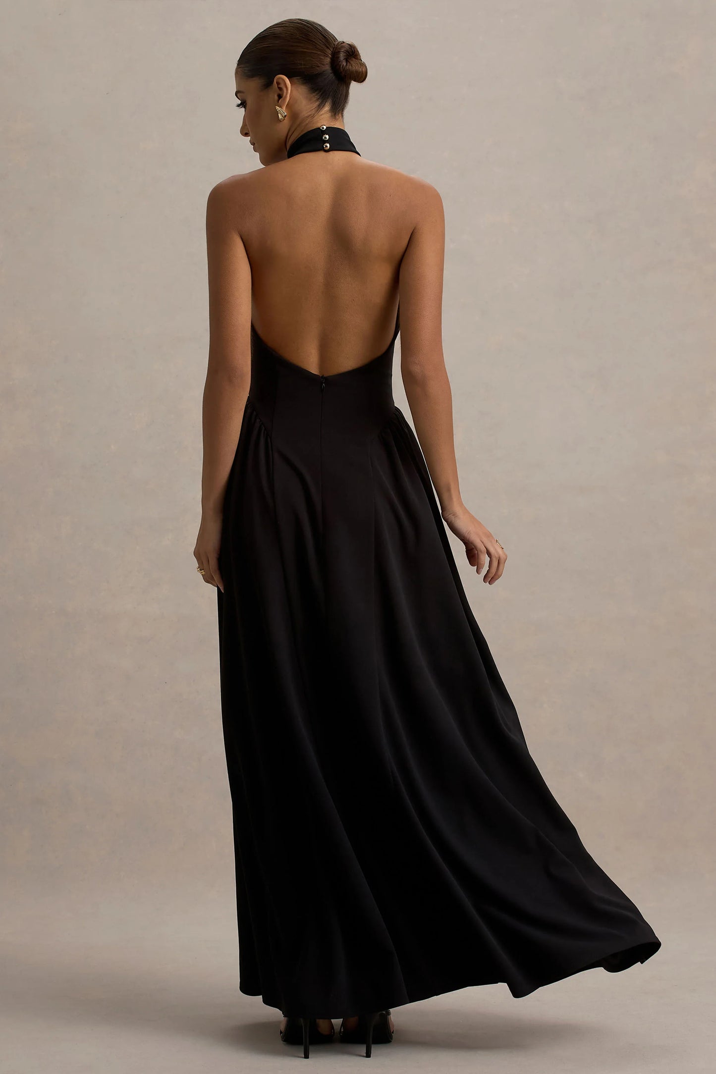 Cynthia Black High-Neck Maxi Dress With Volume Skirt