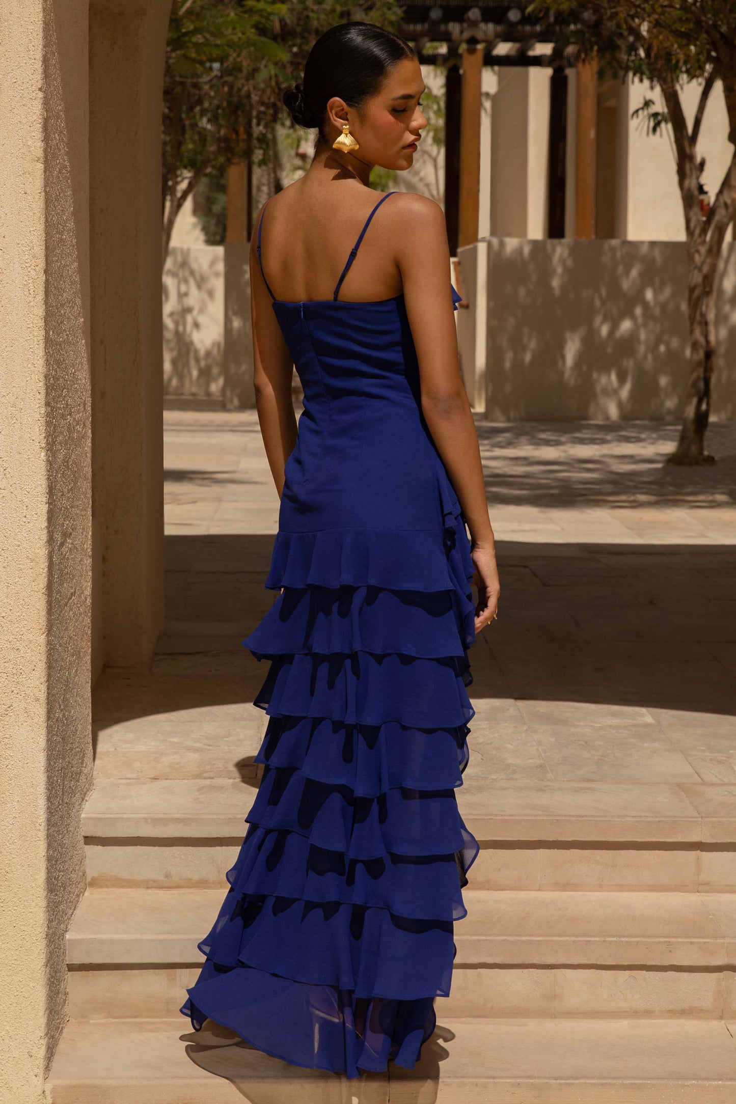 Marlee Blue Chiffon Plunge-Neck High-Low Maxi Dress