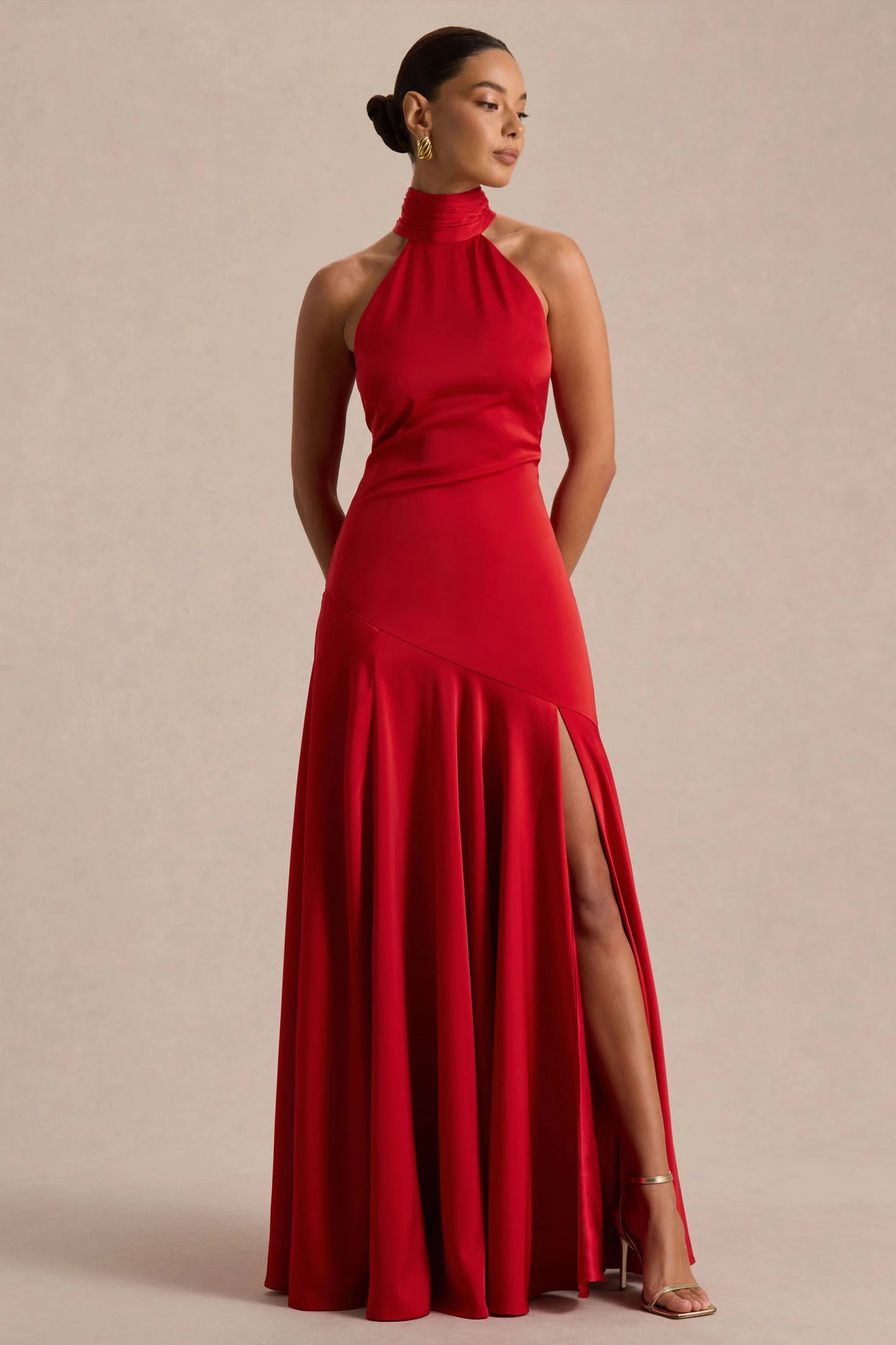 Luscious Red High-Neck Maxi Dress With Drop-Waist And Bow Detail