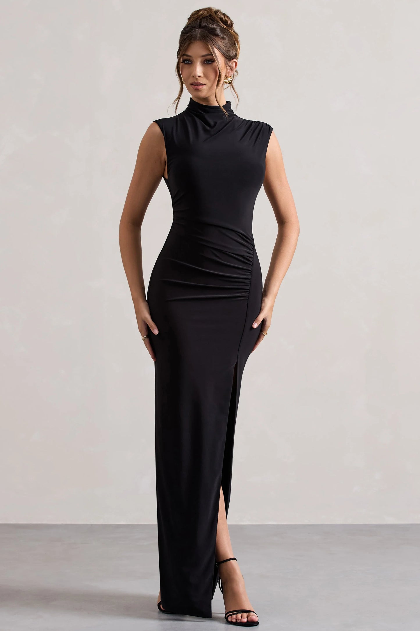 Lanetta Black Ruched High-Neck Maxi Dress With Split