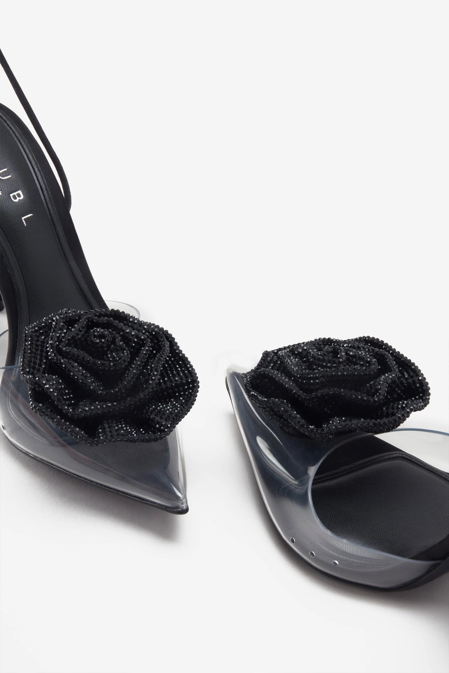 Sharpened Black Lace-Up Clear Stiletto Heels With Diamante Flowers
