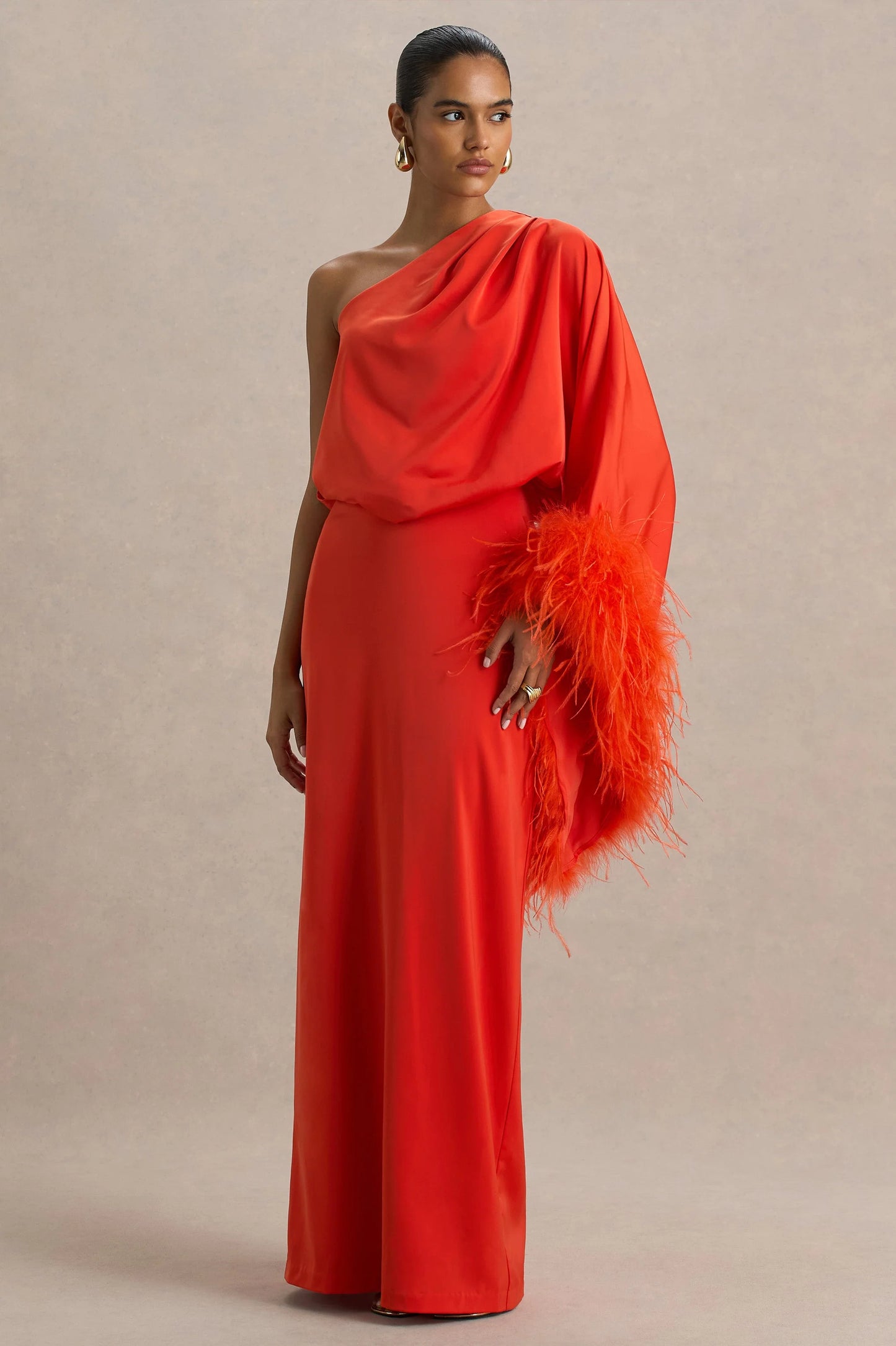 Felicity Orange Satin Asymmetric-Neck Maxi Dress With Feather Detailing