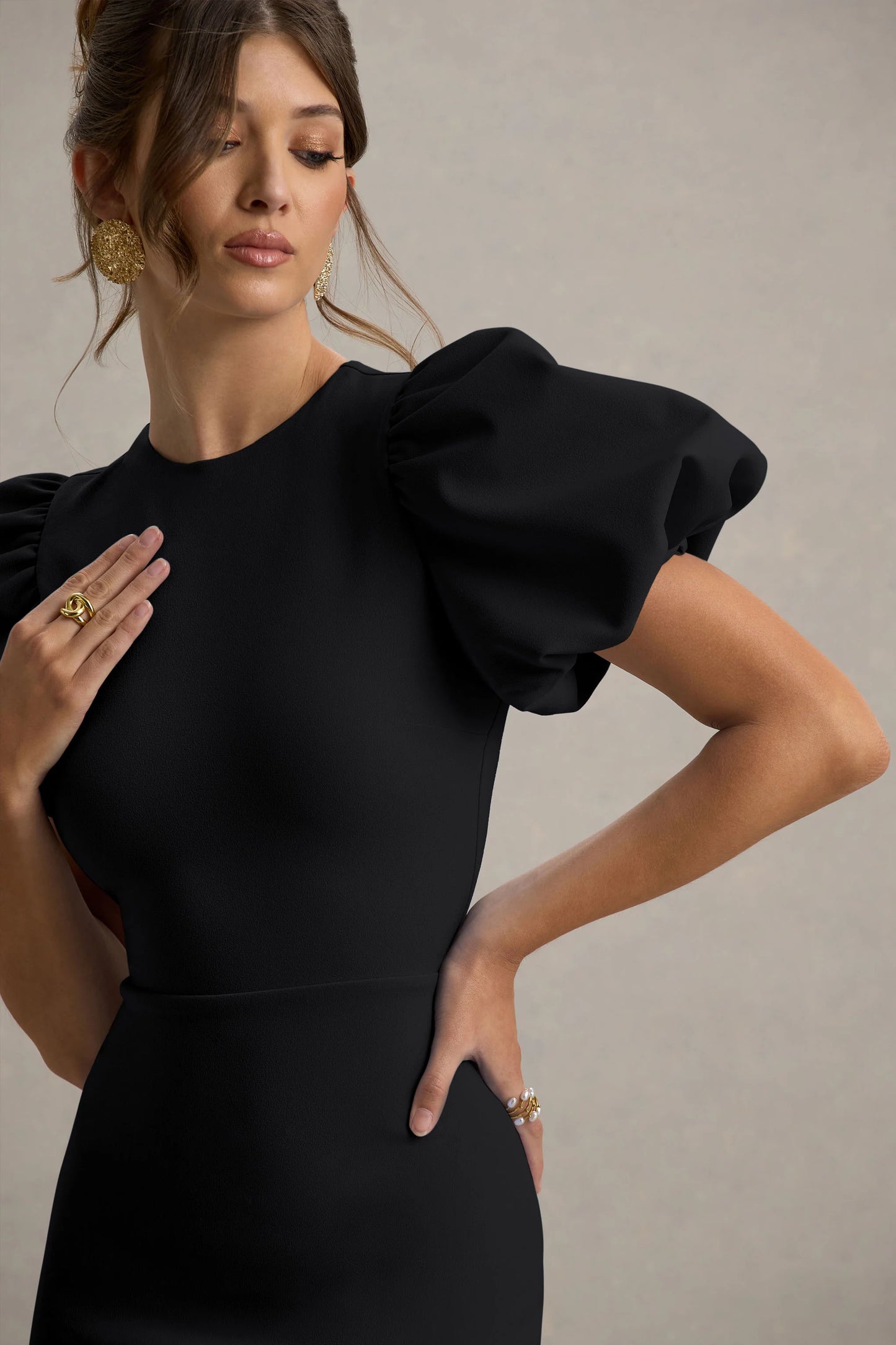 Dakota Black Puff-Sleeve Midi Dress