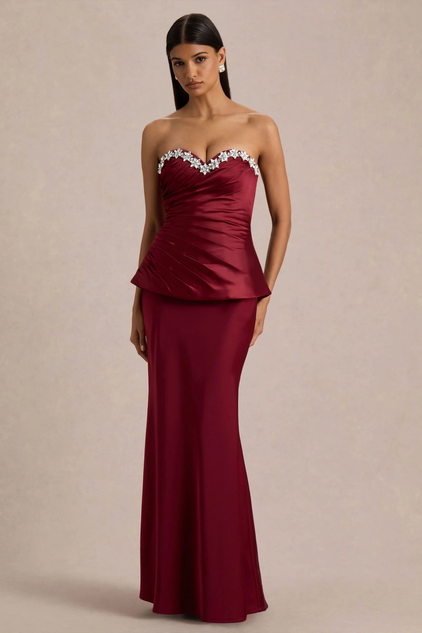 Milia Burgundy Satin Hand-Embellished Strapless Corset Maxi Dress