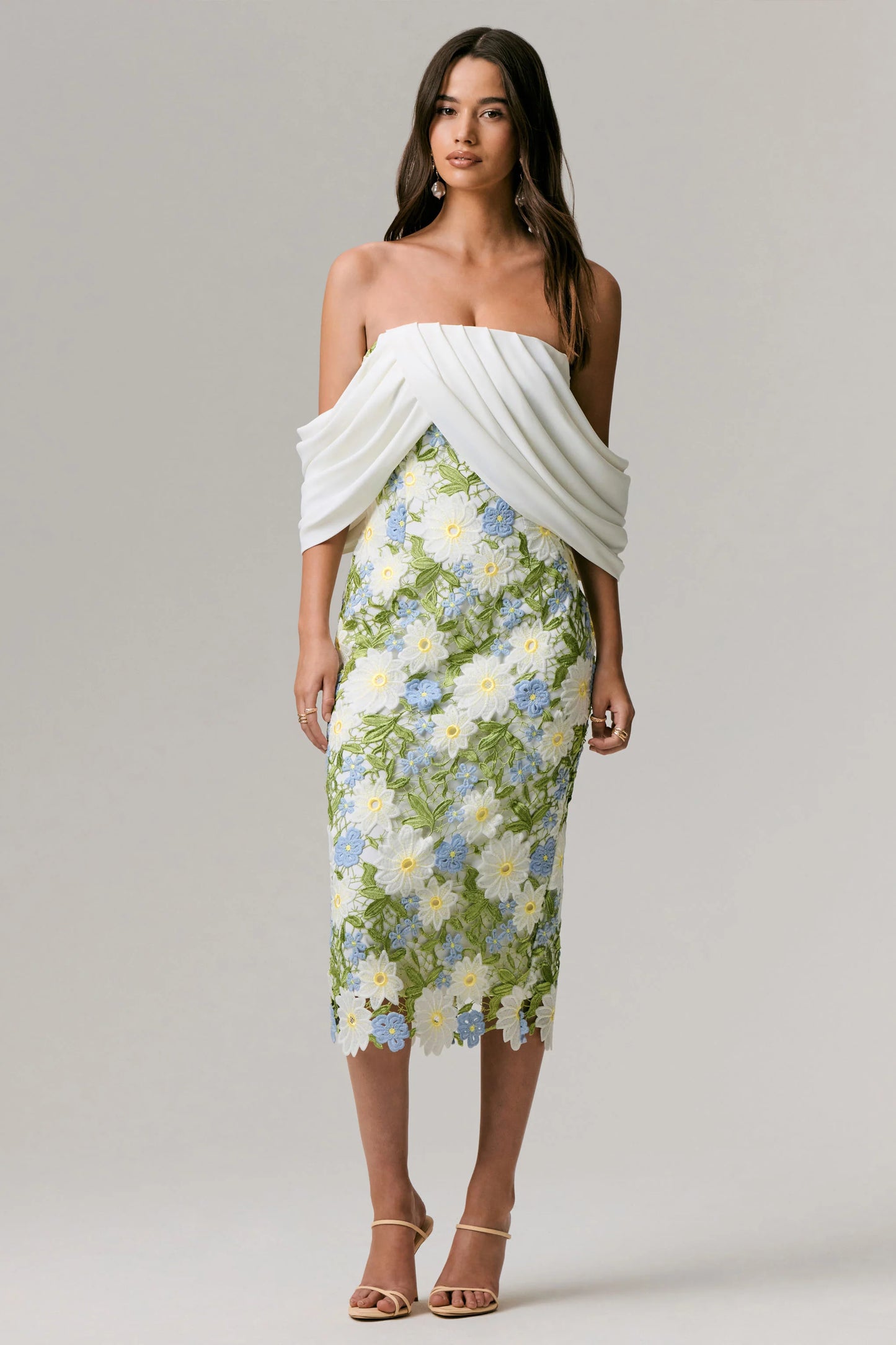 Entitled Cream Floral Lace Bardot Midi Dress