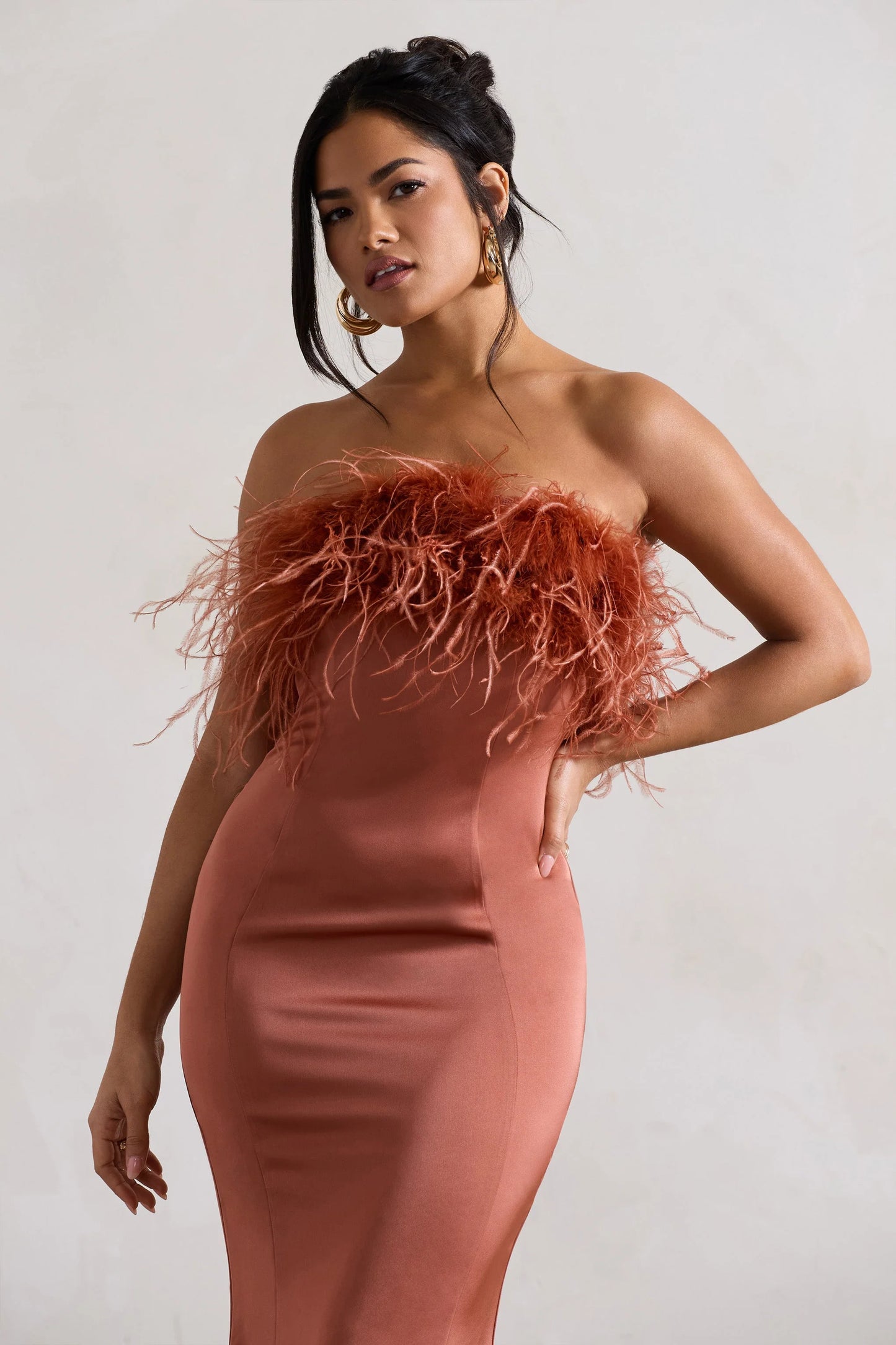One And Only Rust Satin Feather Trim Bandeau Midi Dress