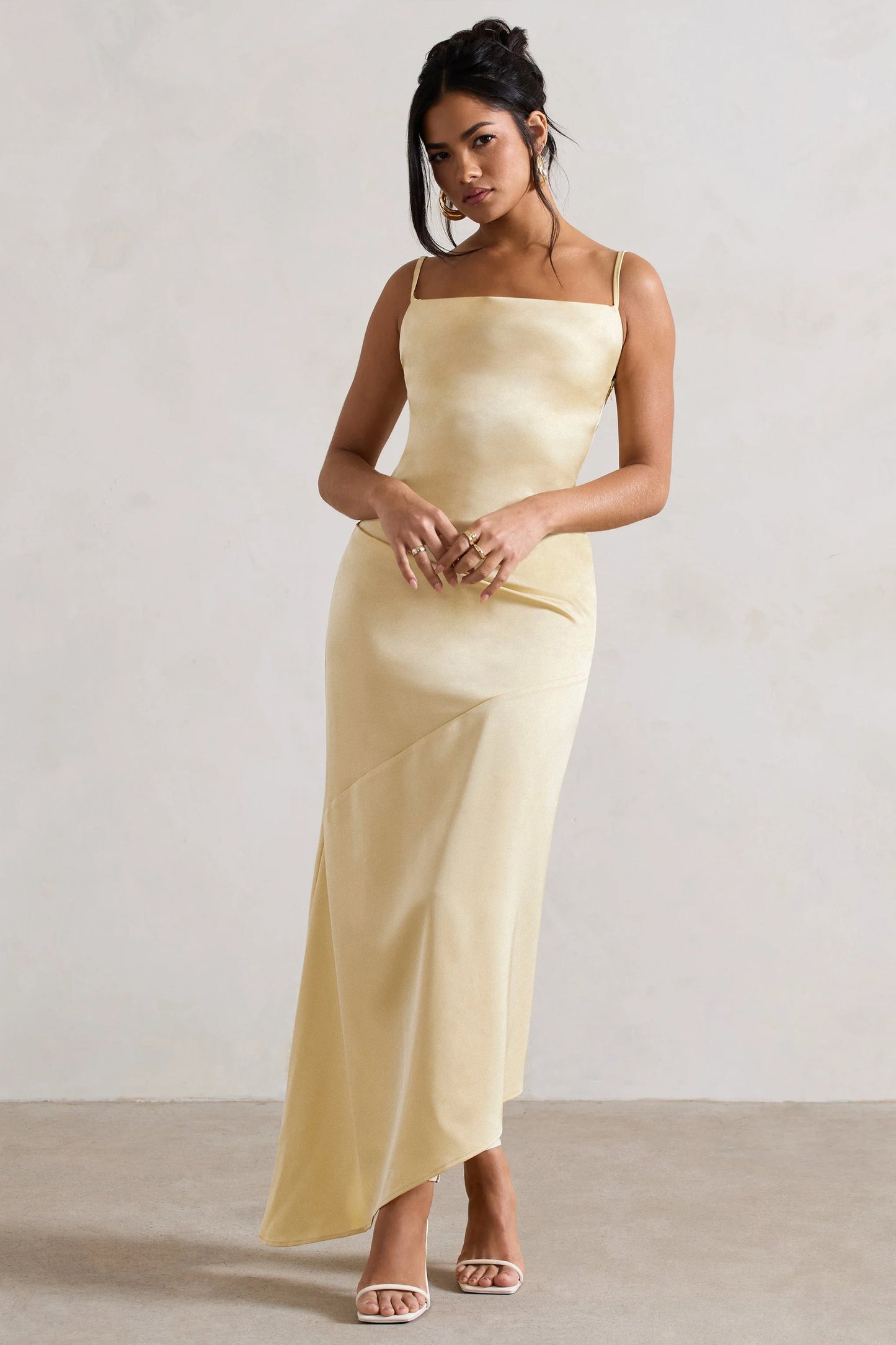 Santi Lemon Satin Cowl-Neck Asymmetric Maxi Dress