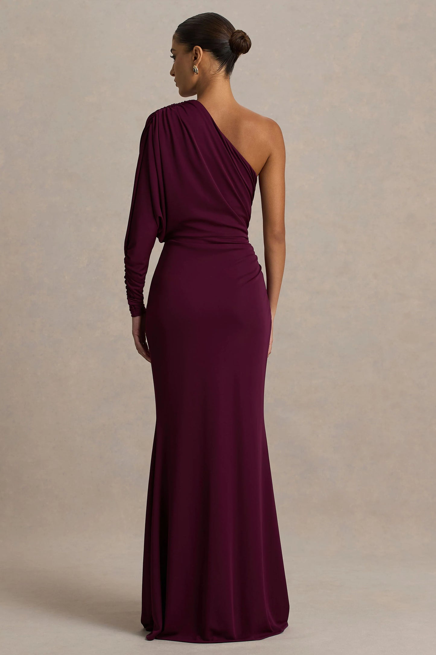 Lola Burgundy Asymmetric-Neck Maxi Dress With Ruched Detailing And Front High-Split
