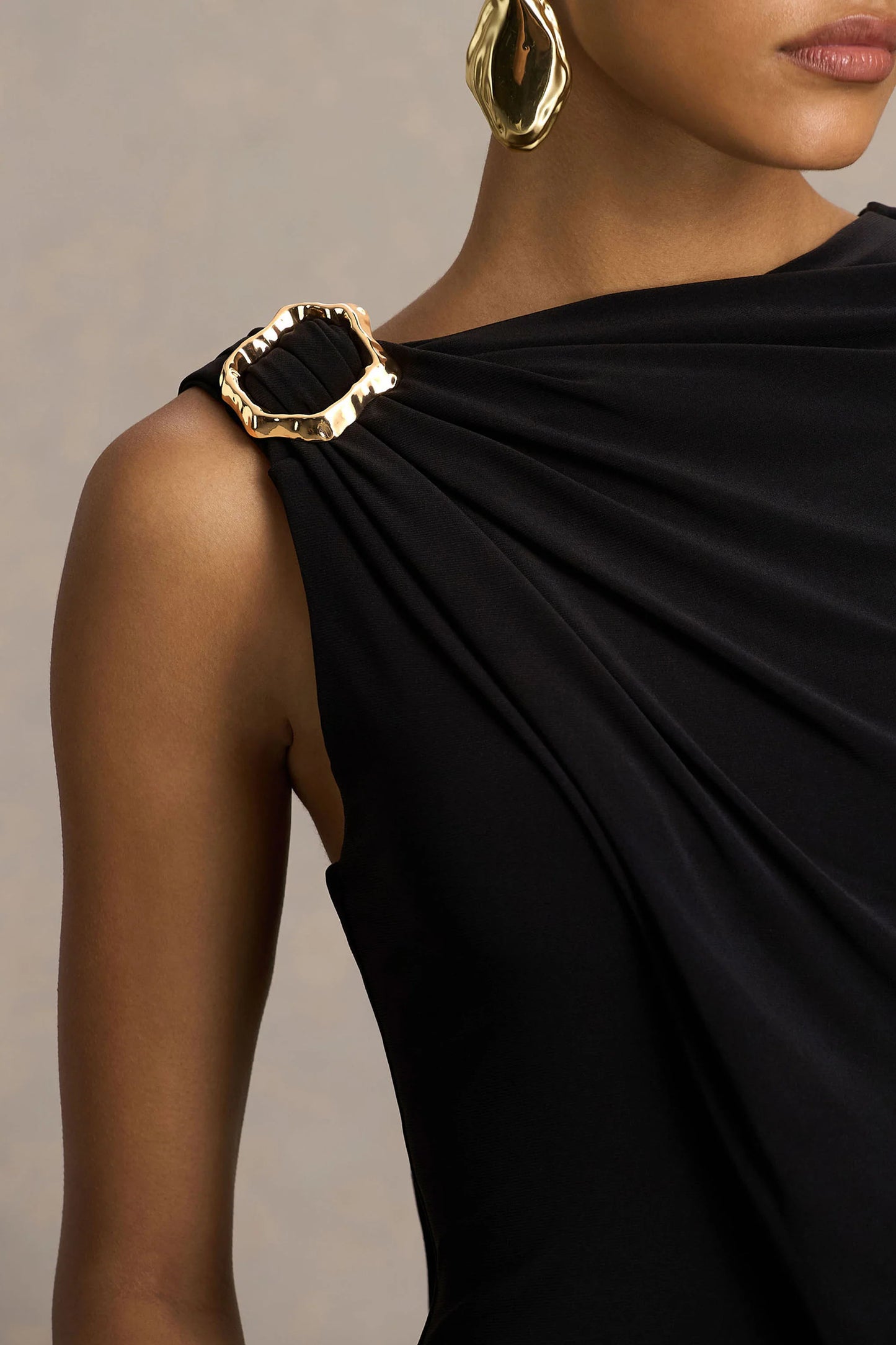 Cressida Black Asymmetric-Neck Maxi Dress With Cape And Gold Detail
