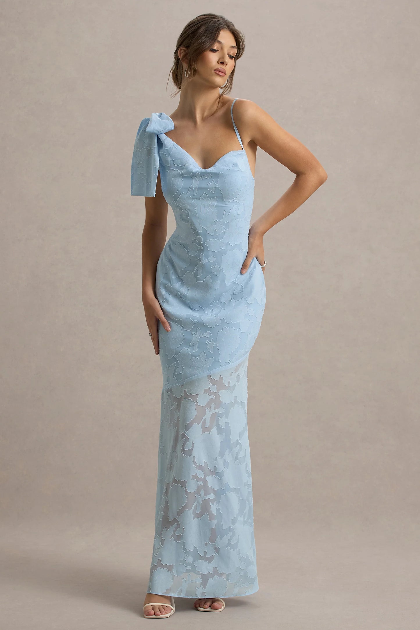 Chyna Light Blue Cowl-Neck Maxi Dress With Bow Strap