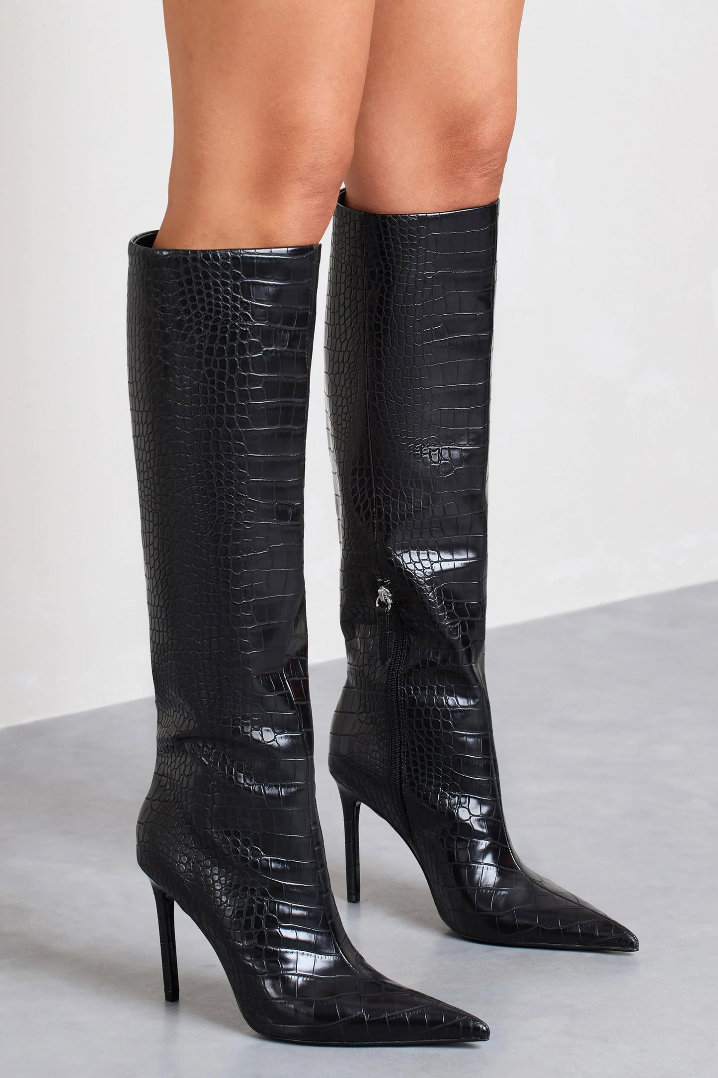 Uptown Black Croc Fitted Over-Knee Pointed Heeled Boots