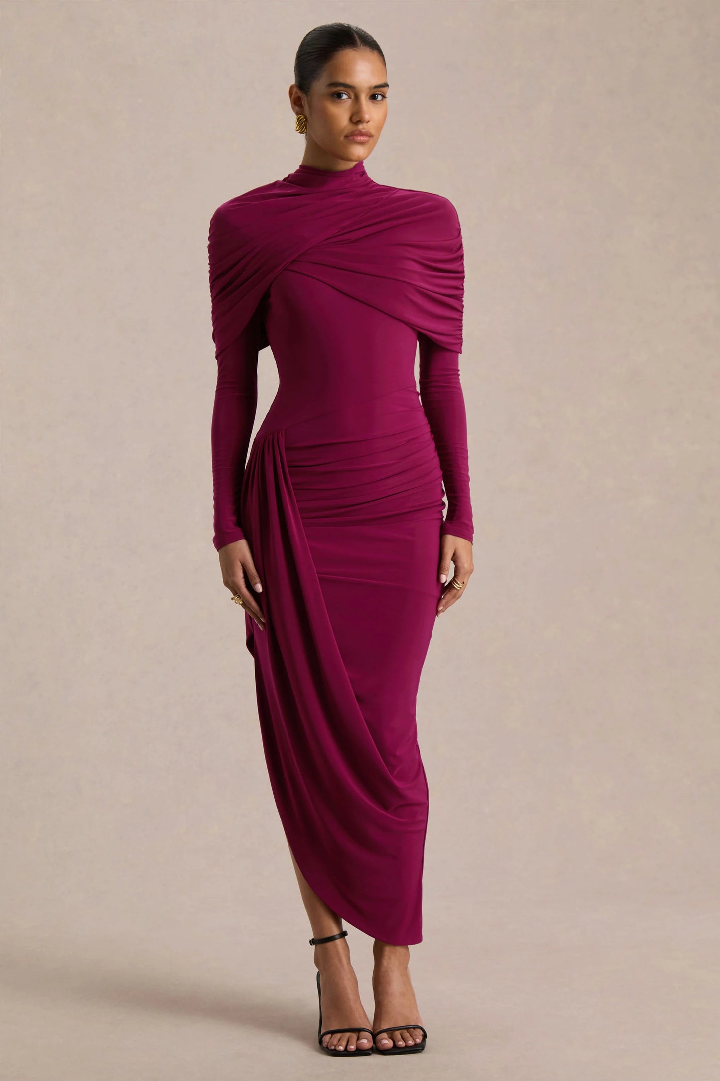 Aneira Burgundy High-Neck Maxi Dress With Cape Sleeves