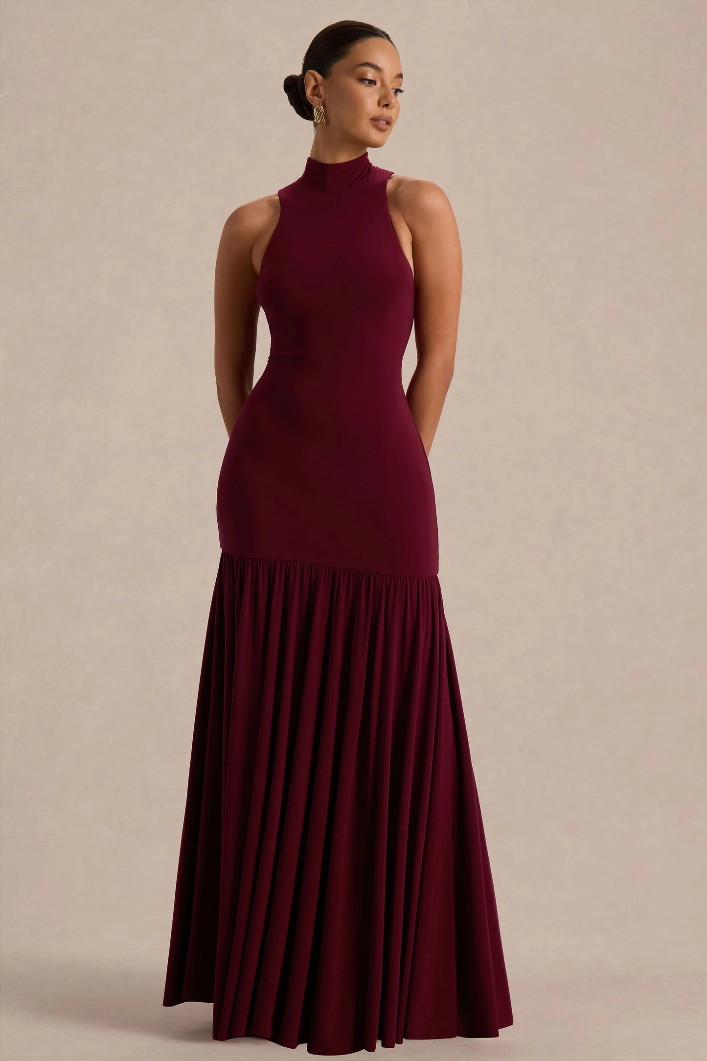 Tasmin Burgundy High-Neck Maxi Dress With Drop-Waist