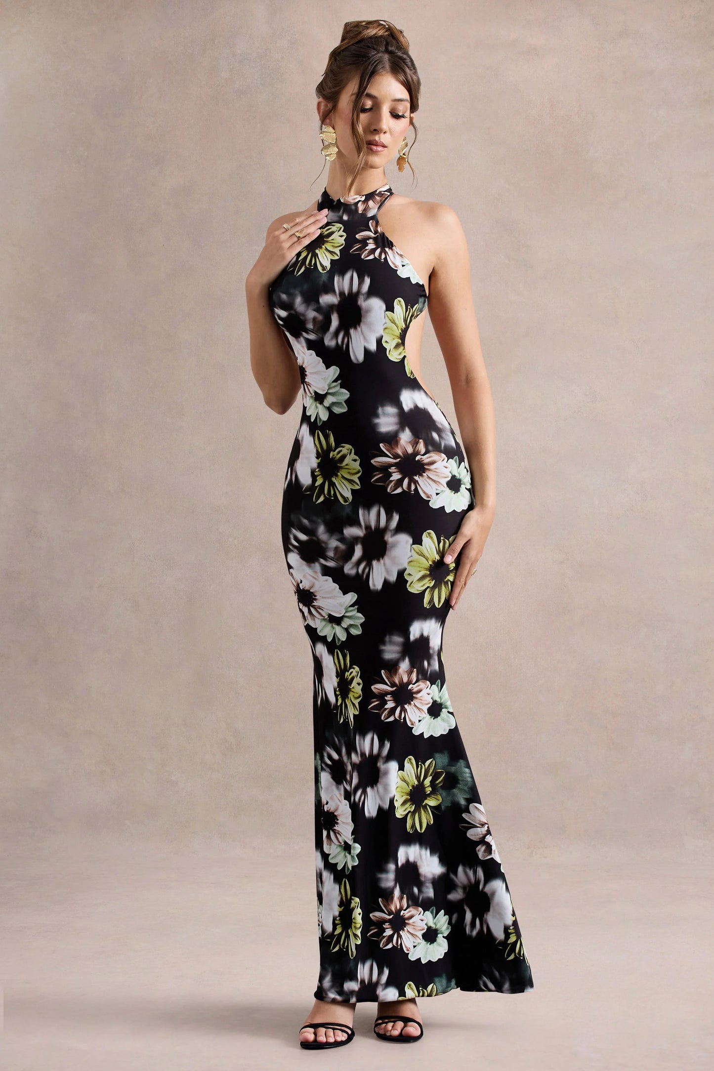 Tuscany Black Floral Print Halter-Neck Split Maxi Dress