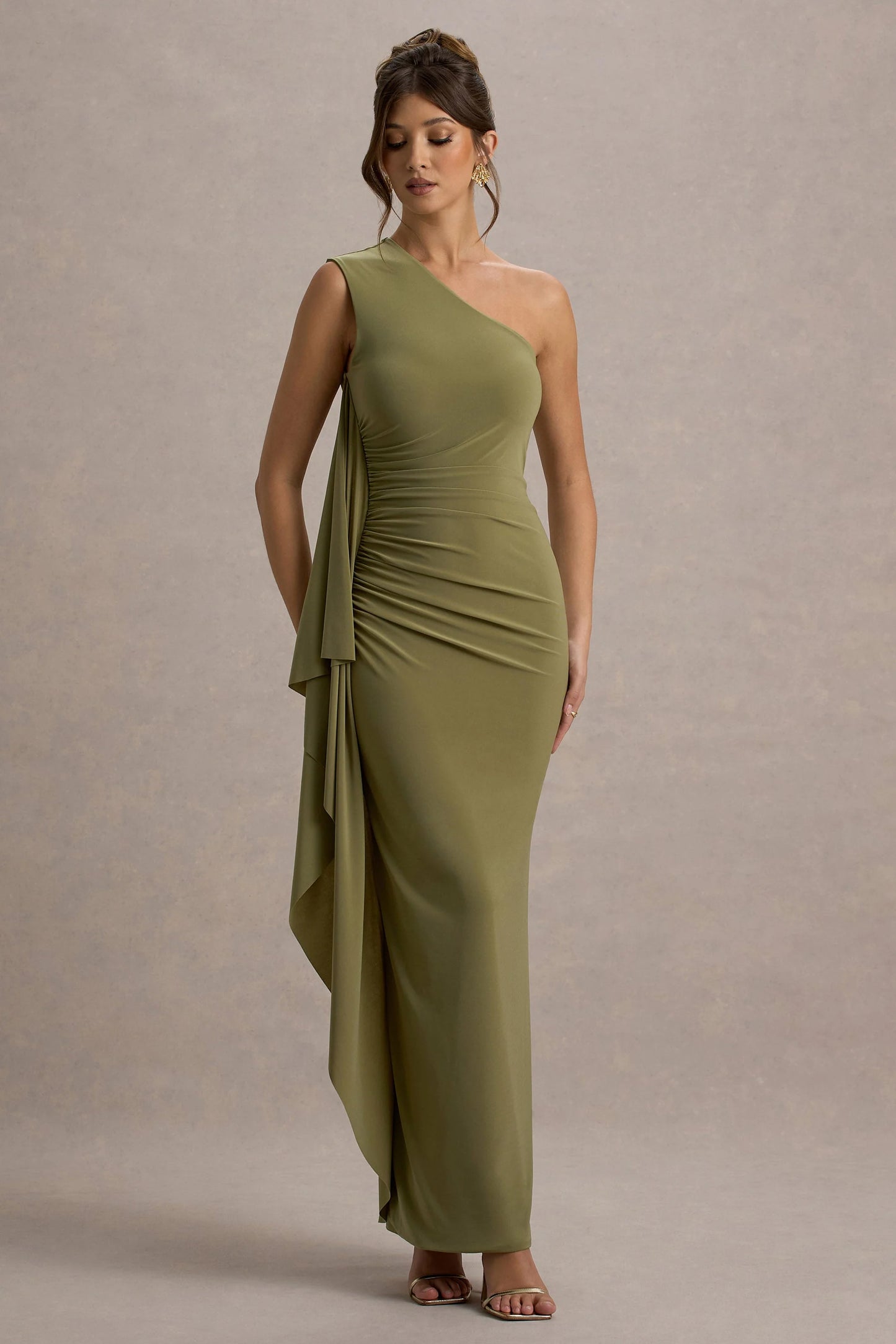 Adelina Olive One-Shoulder Maxi Dress With Drape