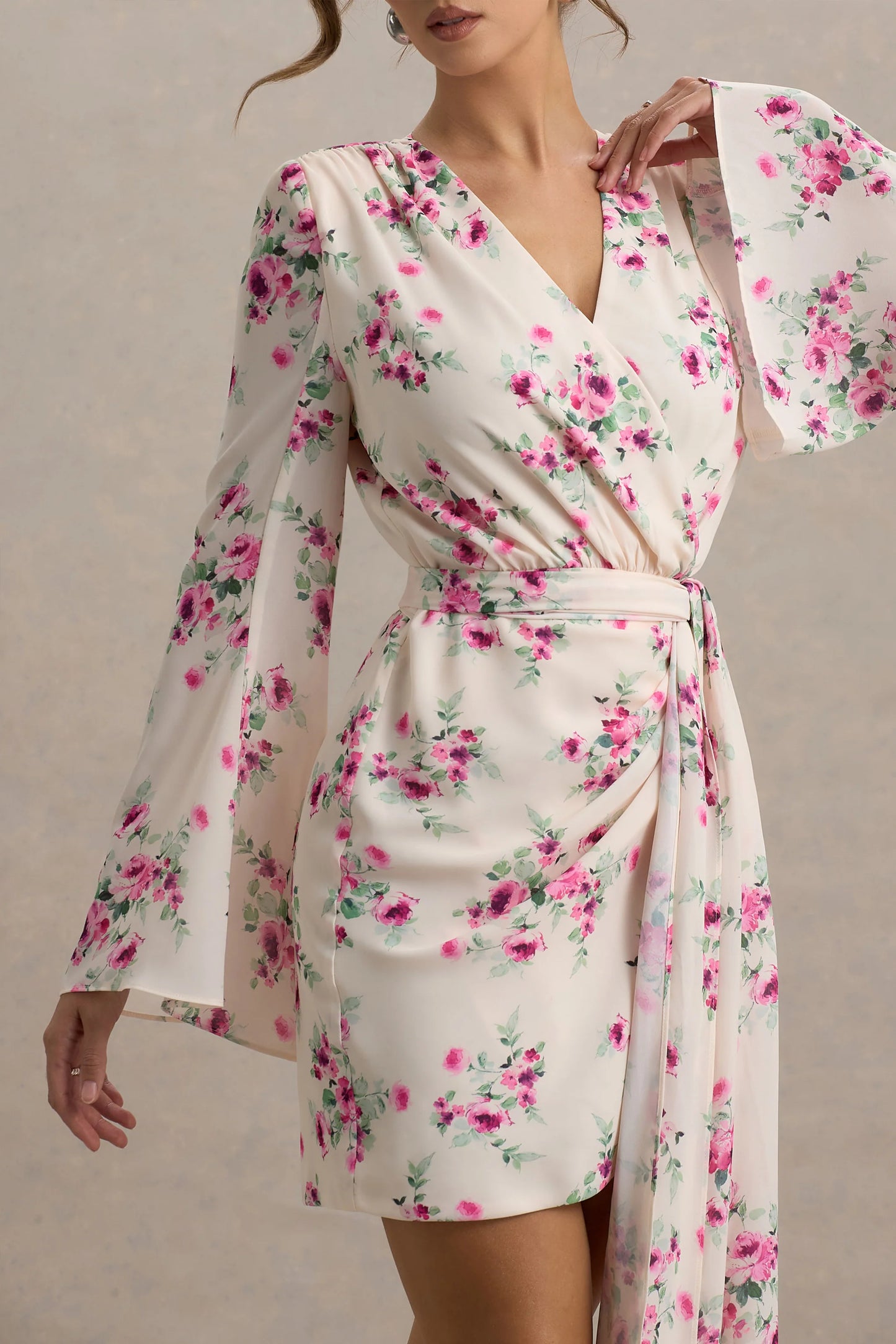 Goldie Cream Floral Print Chiffon Long-Sleeve Wrap Mini Dress