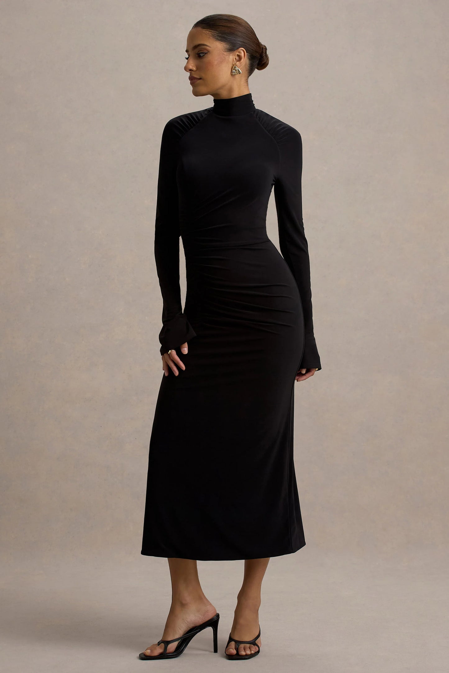 Cassandra Black High-Neck Long-Sleeve Midi Dress