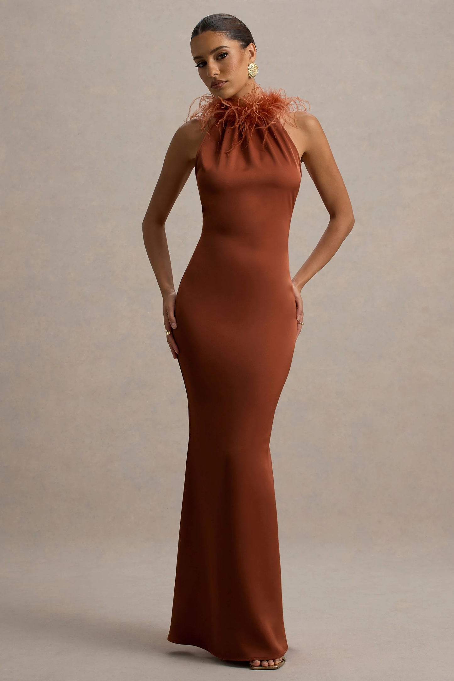Bianca Rust Satin Feather-Trim Maxi Dress