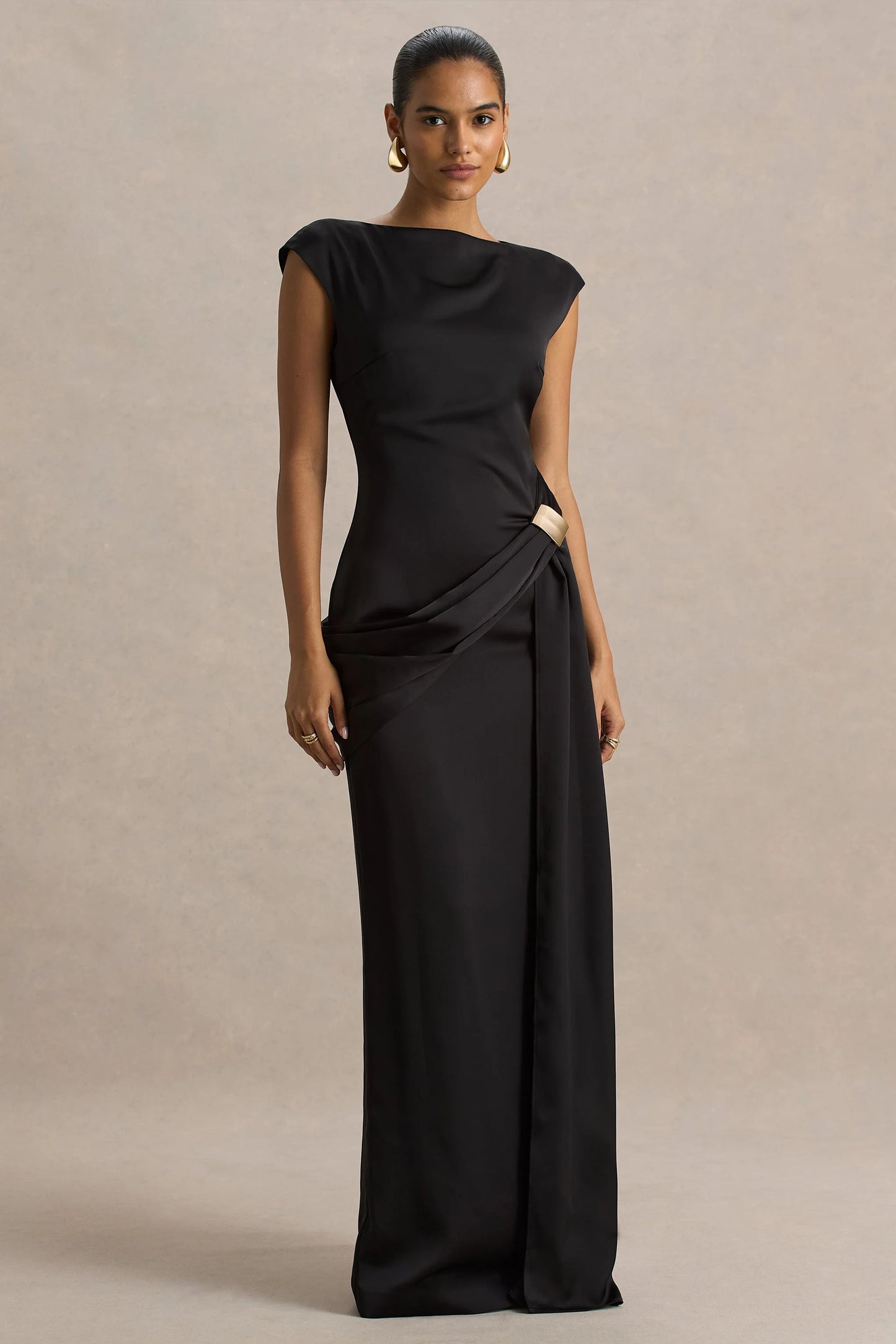 Influence Black Satin Slashed-Neck Maxi Dress With Embellished Detail And Sash