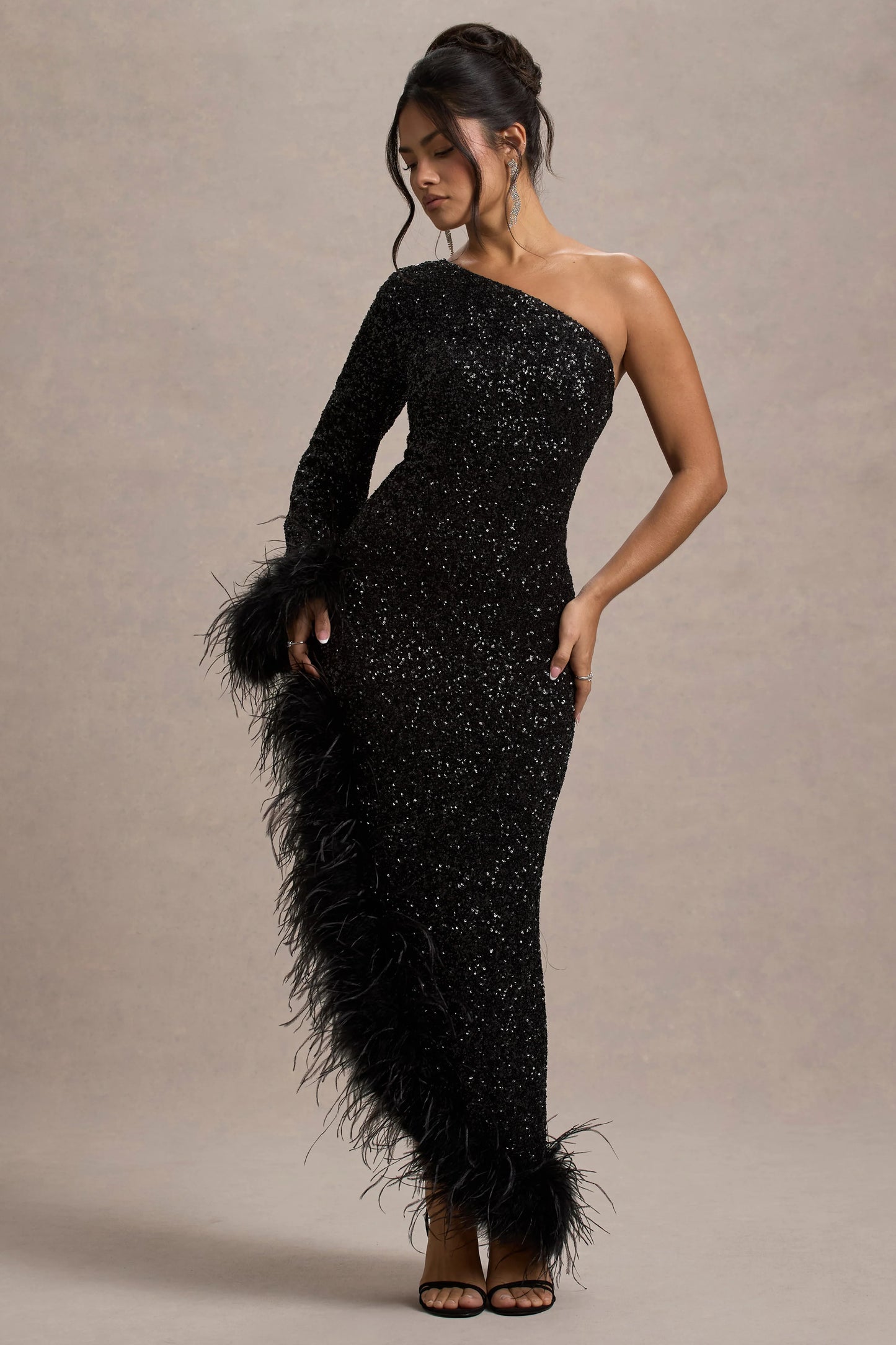 Shadow Black Sequin One-Shoulder Feather Trim Maxi Dress
