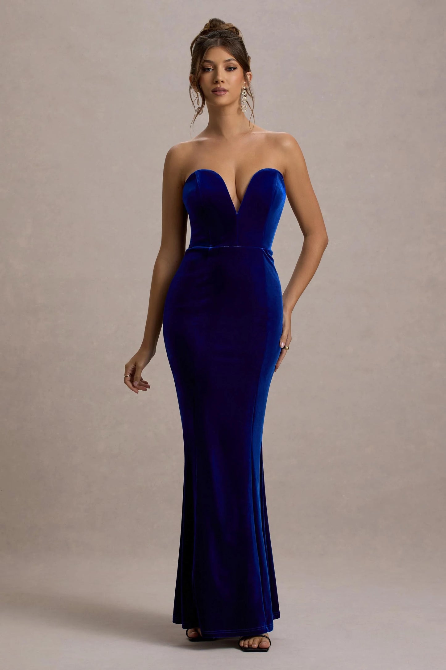 Pacifica Cobalt Velvet Plunge-Neck Strapless Maxi Dress