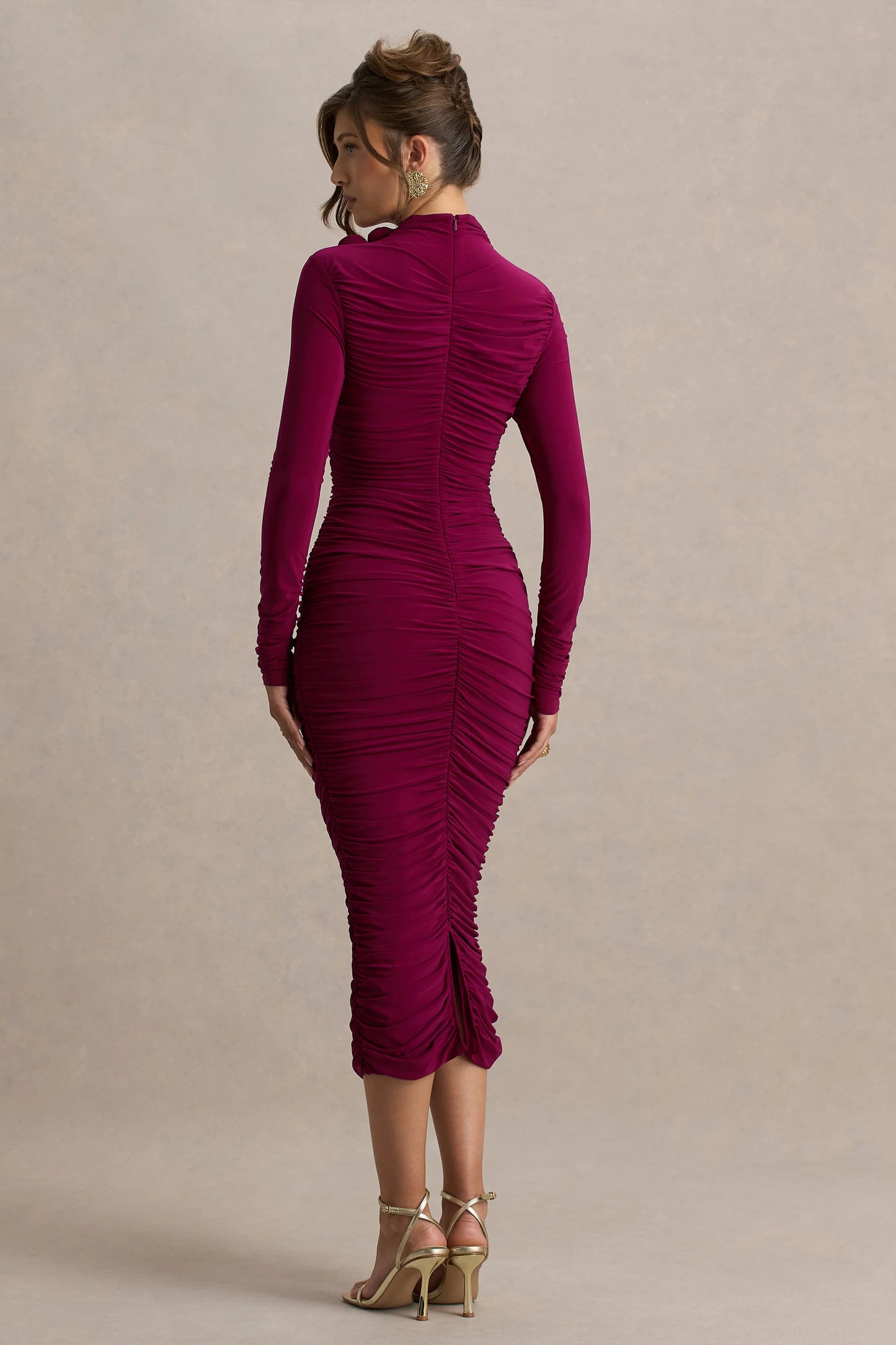 Tamara Burgundy Long-Sleeve Ruched Midi Dress