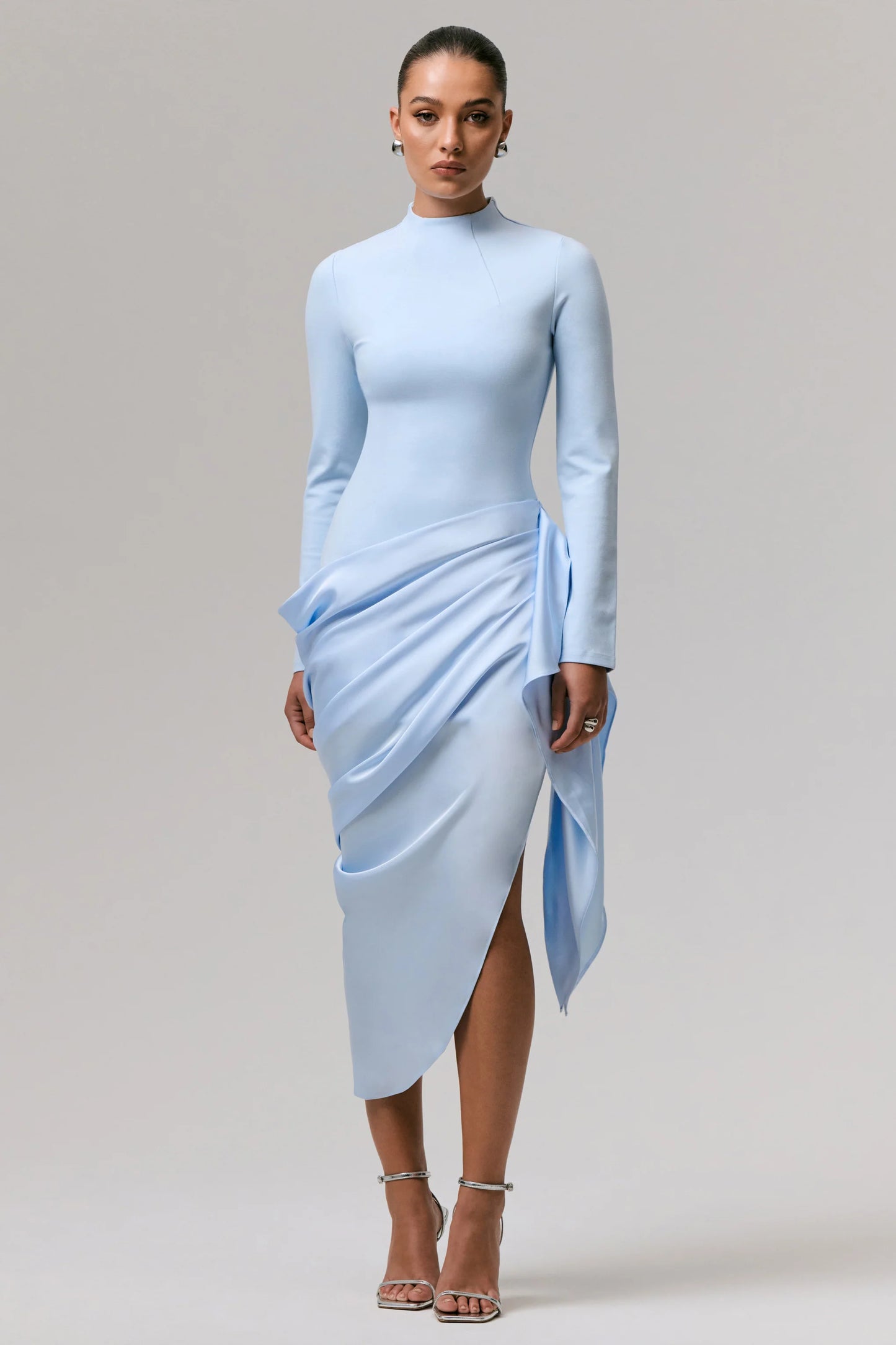 Raffie Powder Blue Long-Sleeve Midi Dress With Satin Wrap Skirt
