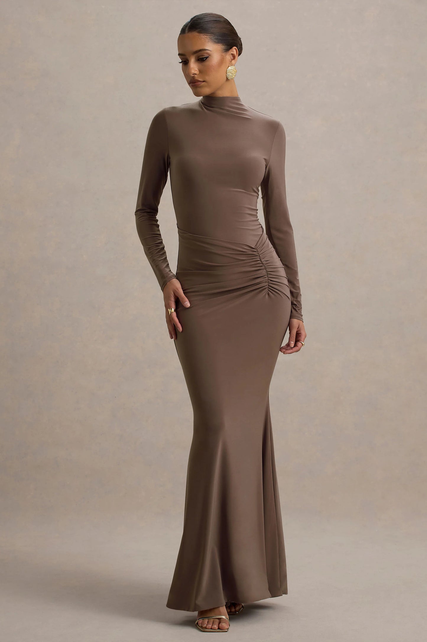 Reid Brown Long-Sleeve Gathered Maxi Dress
