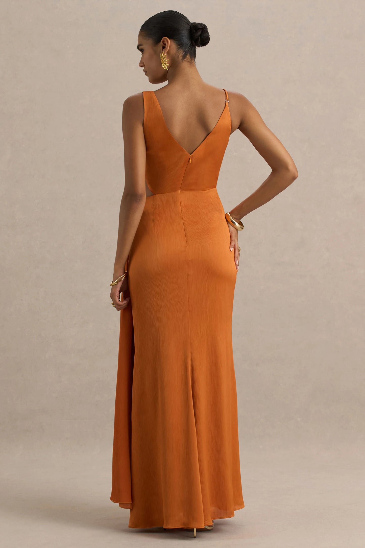 Livia Orange Plunge-Neck Fishtail Maxi Dress