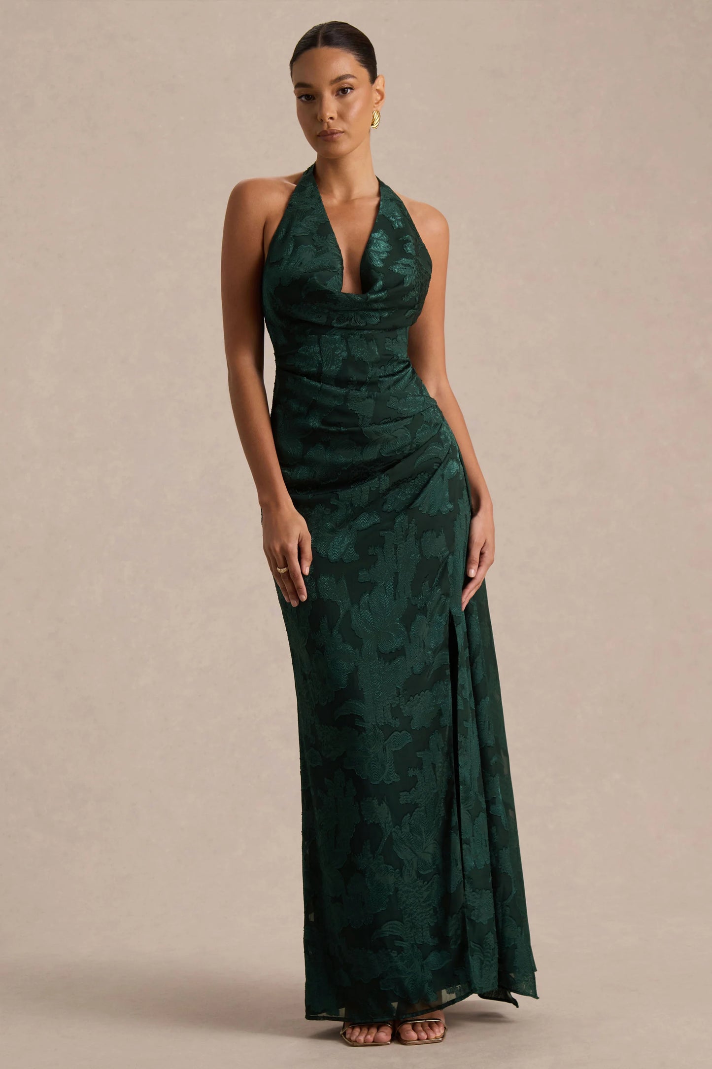 Talula Dark Green Extreme Cowl-Neck Maxi Dress With Sash And Front-High Split