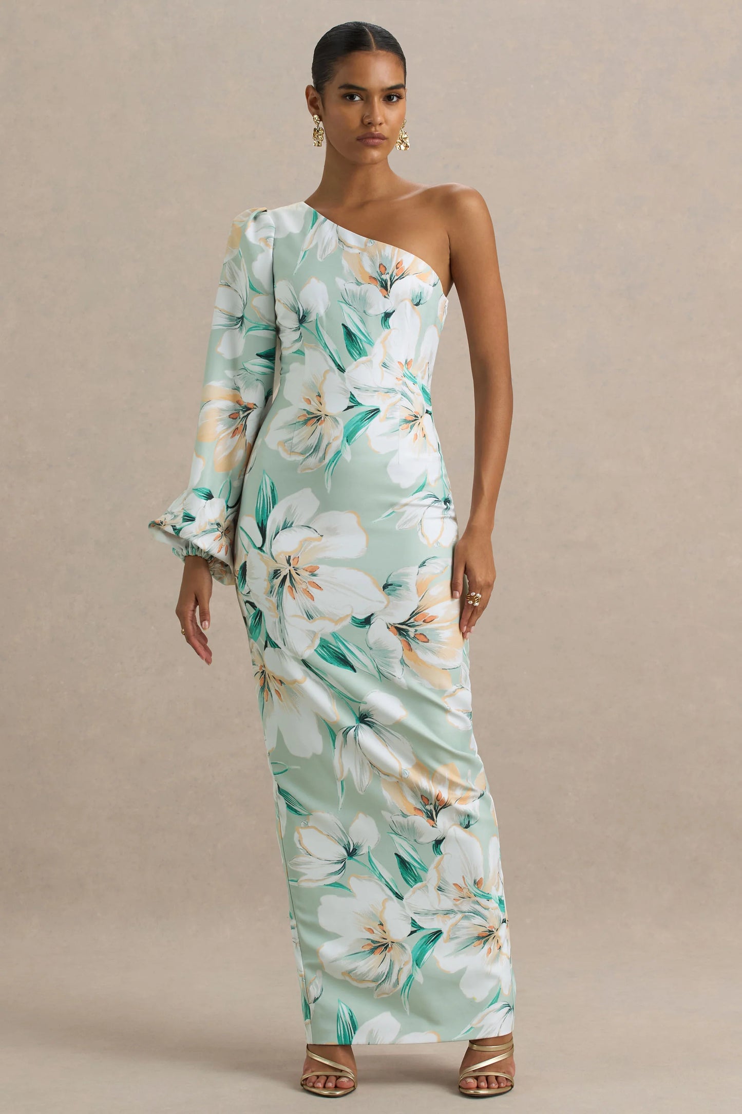Kellis Green Floral Print Asymmetric Maxi Dress With Balloon Sleeve