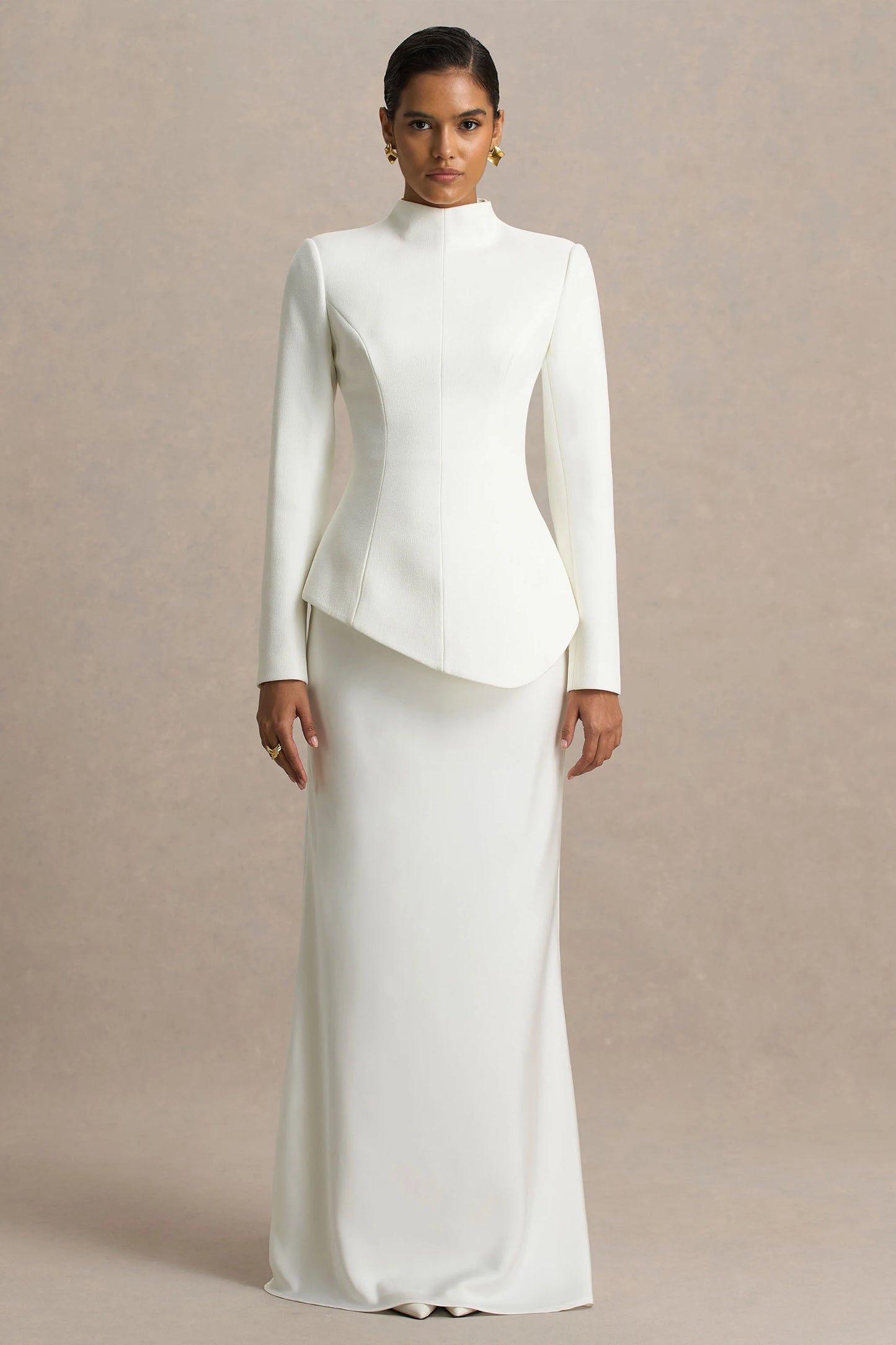 Pepita Cream High-Neck Tailored Maxi Dress With Drop-Waist And Satin Skirt