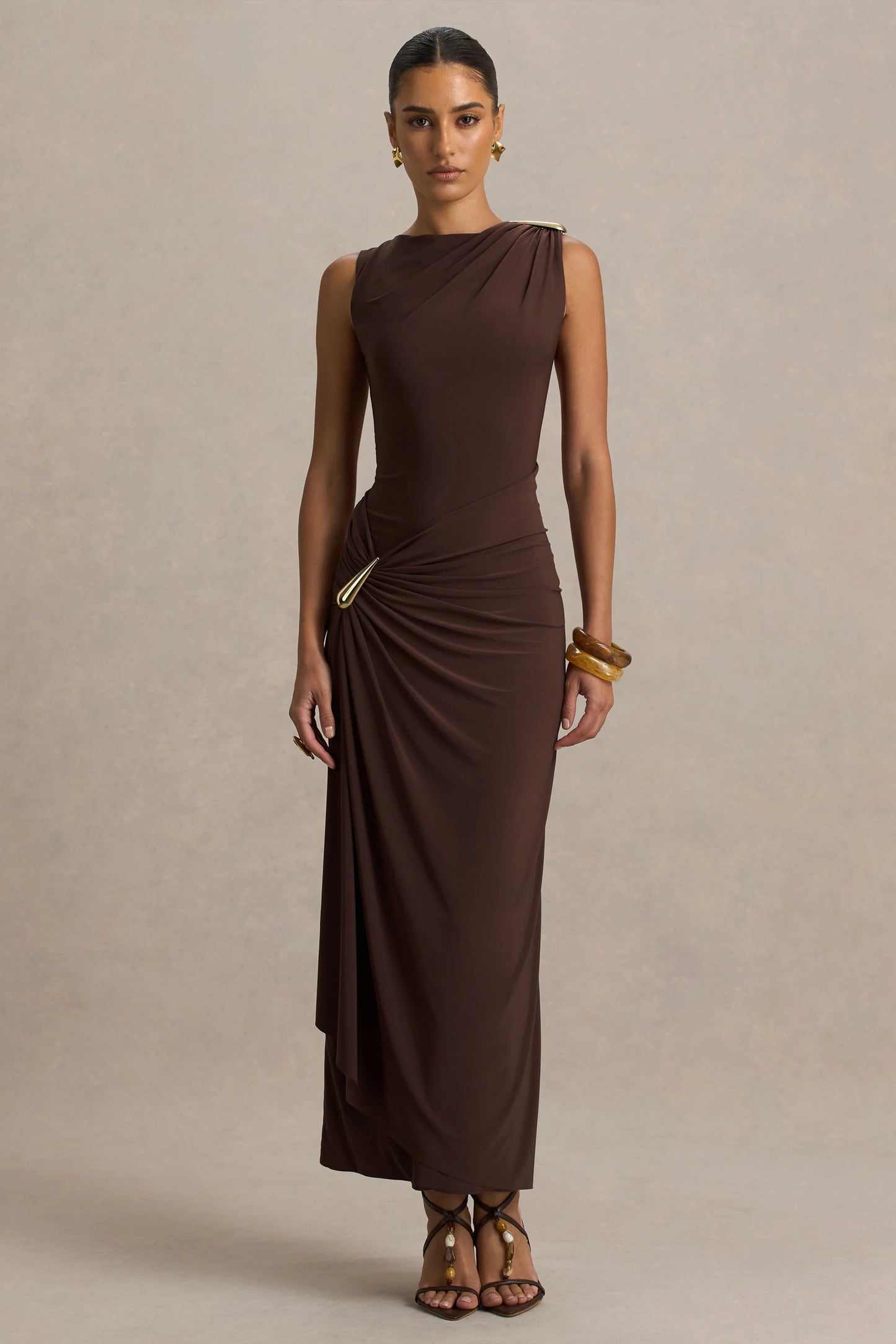 Fiora Brown Wide-Neck Maxi Dress With Gathered Detail