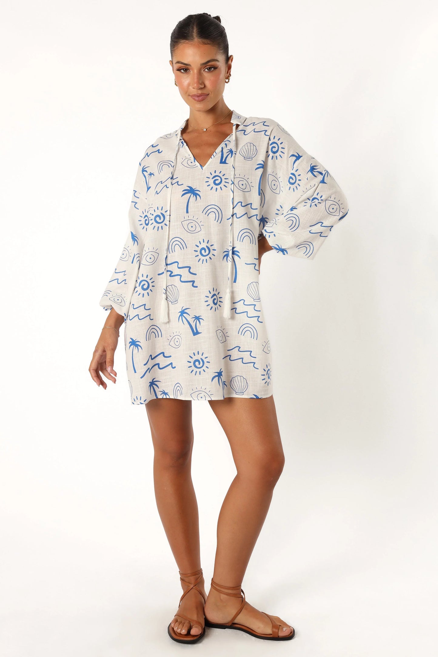 Laila Long Sleeve Linen Mini Dress - White Blue