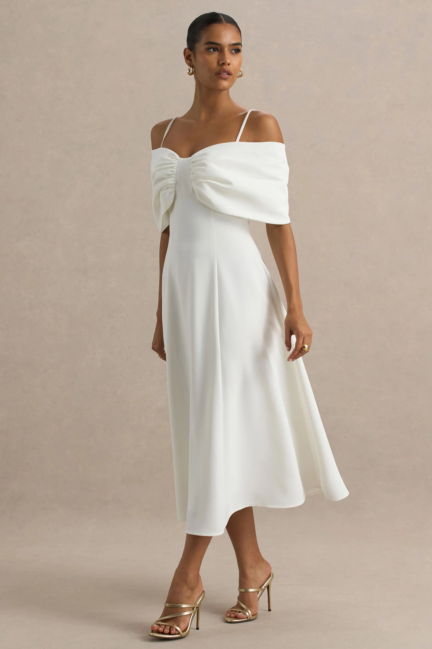 Hettie White Short-Sleeve Bardot Midi Dress With Bow Detail