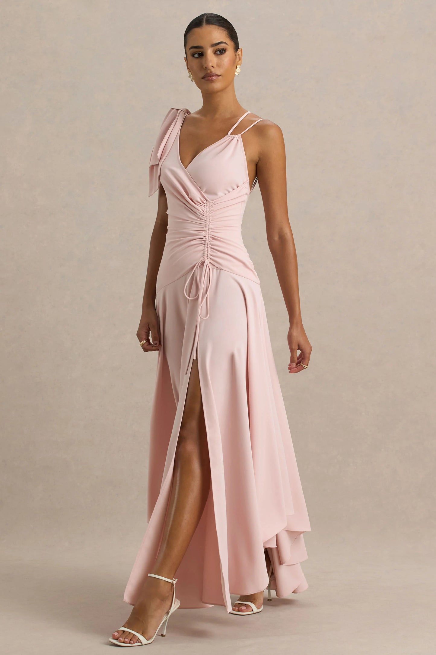 Julieta Baby Pink Asymmetric-Neck Maxi Dress With Bow Detail And Open-Back