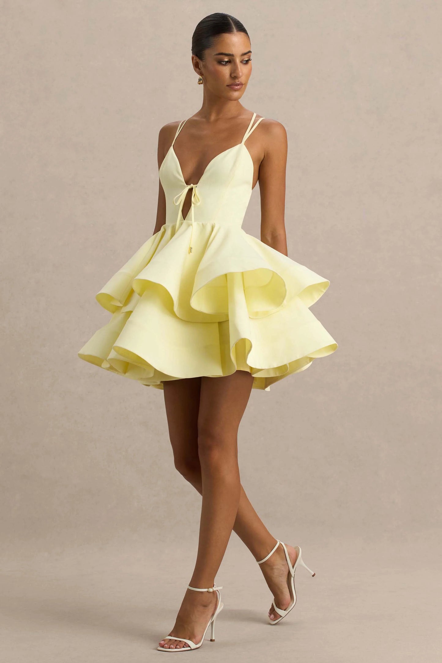 Flavia Lemon Plunge-Neck Ruffled Skater Micro-Mini Dress
