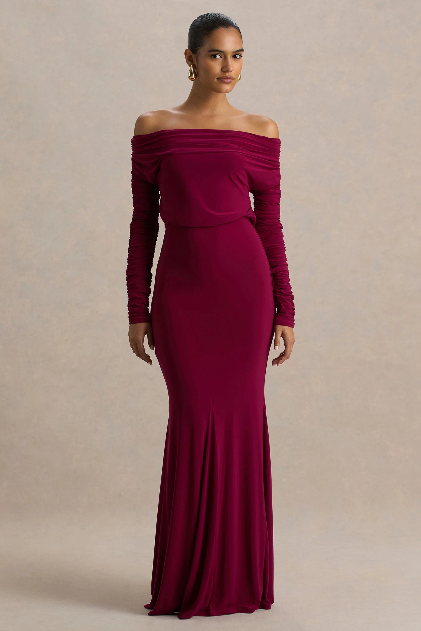 Cilla Burgundy Bardot-Neck Maxi Dress With Ruched Detailing