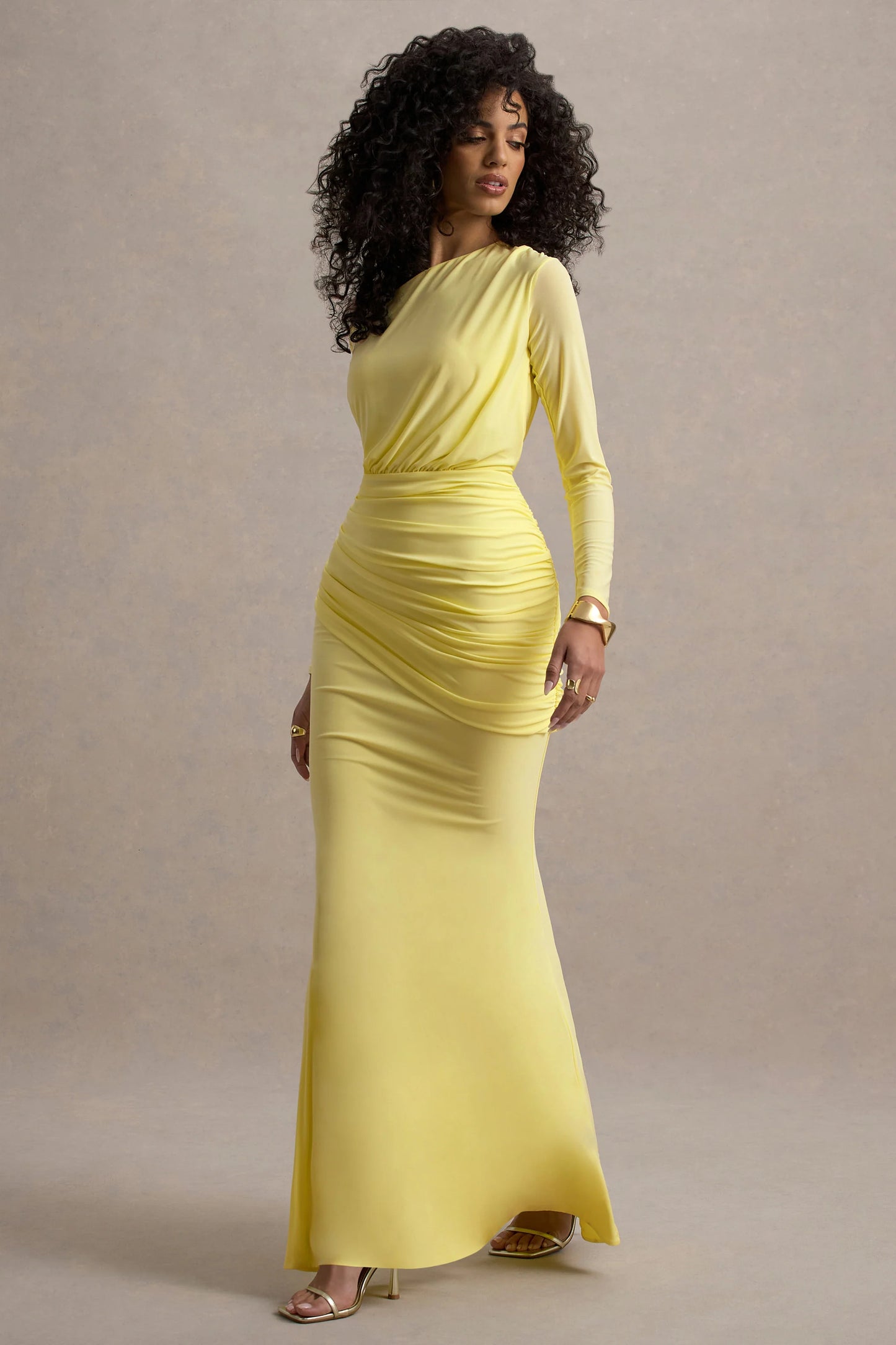 Deanna Lemon Asymmetric Long-Sleeve Ruched Maxi Dress