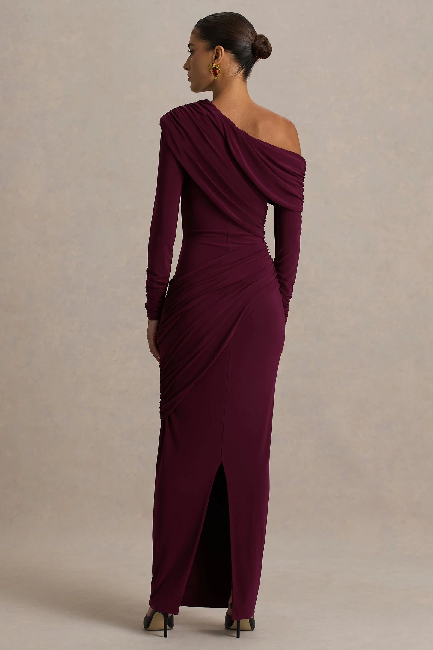 Perrie Burgundy Asymmetric-Neck Maxi Dress With Ruched Detailing