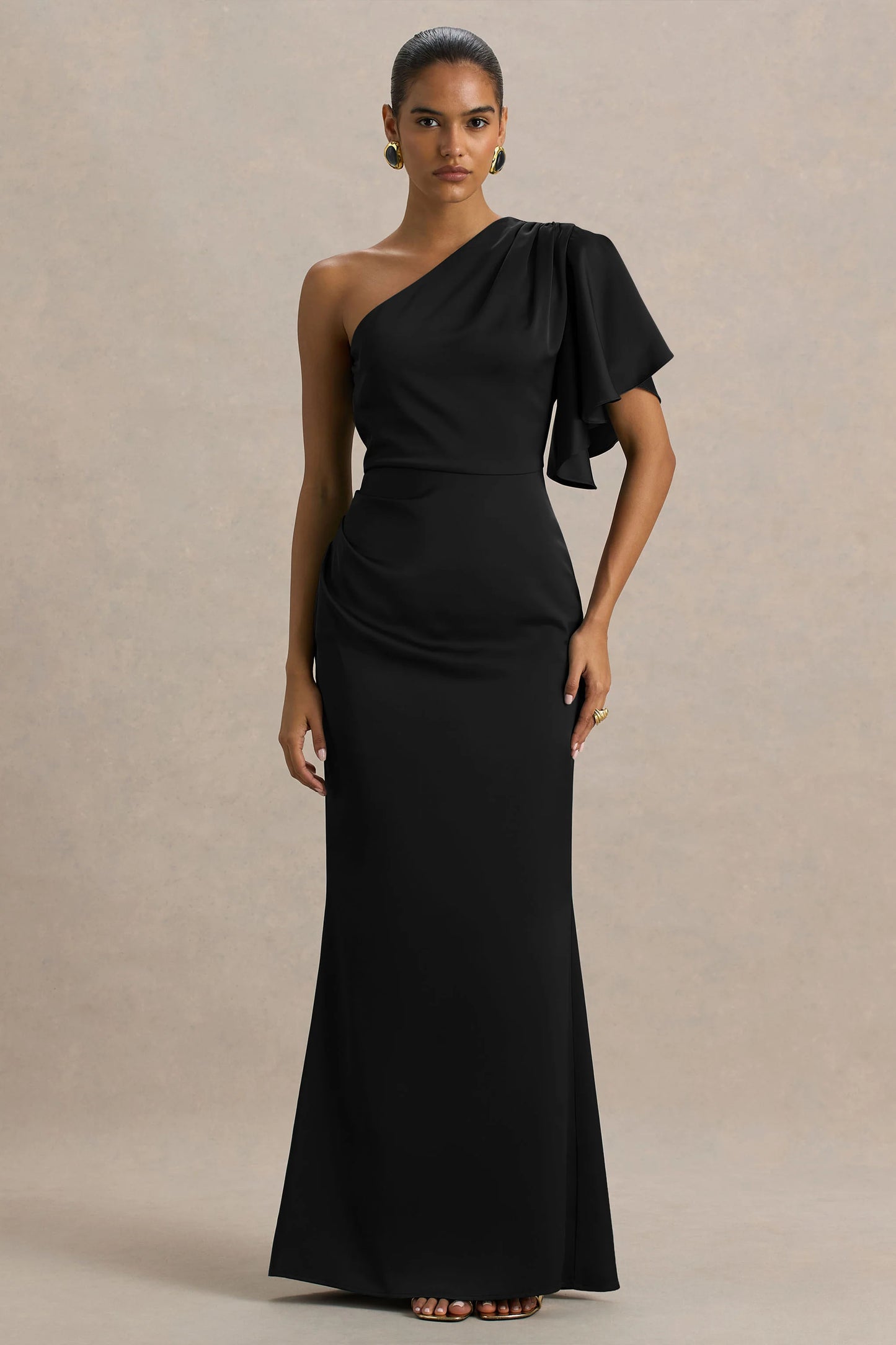 Unforgettable Black Asymmetric-Neck Maxi Dress With Ruffled Detailing