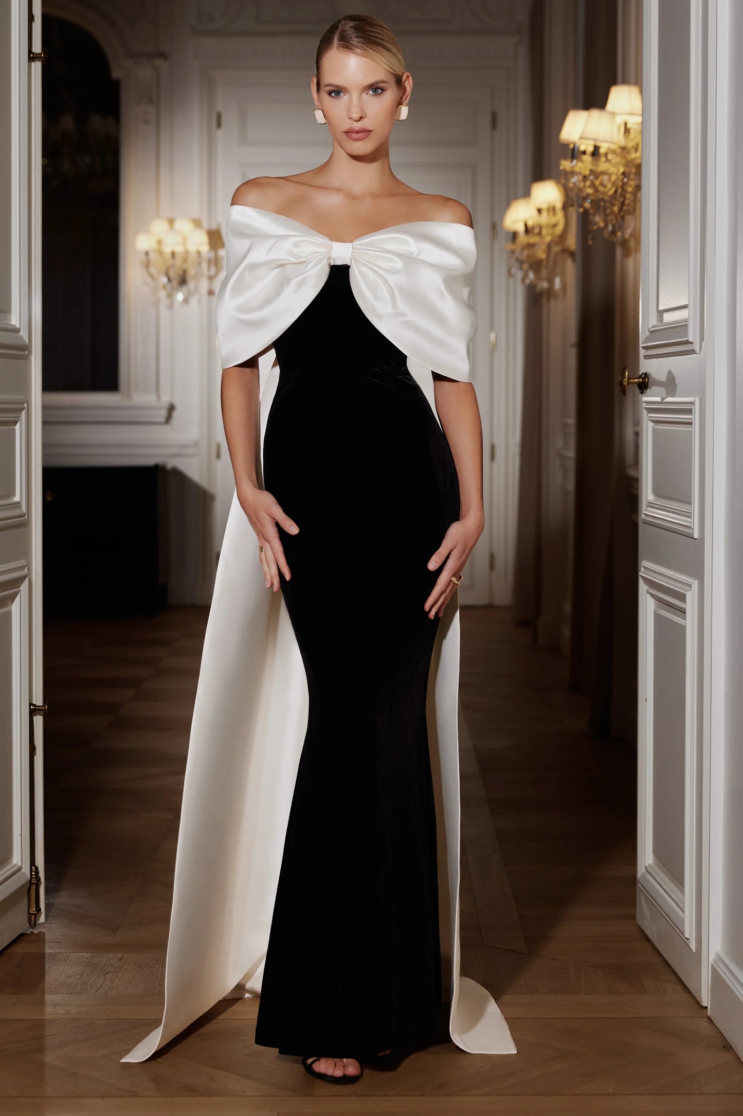 Wanting More Black & White Satin Cape Maxi Dress With Oversized Bow
