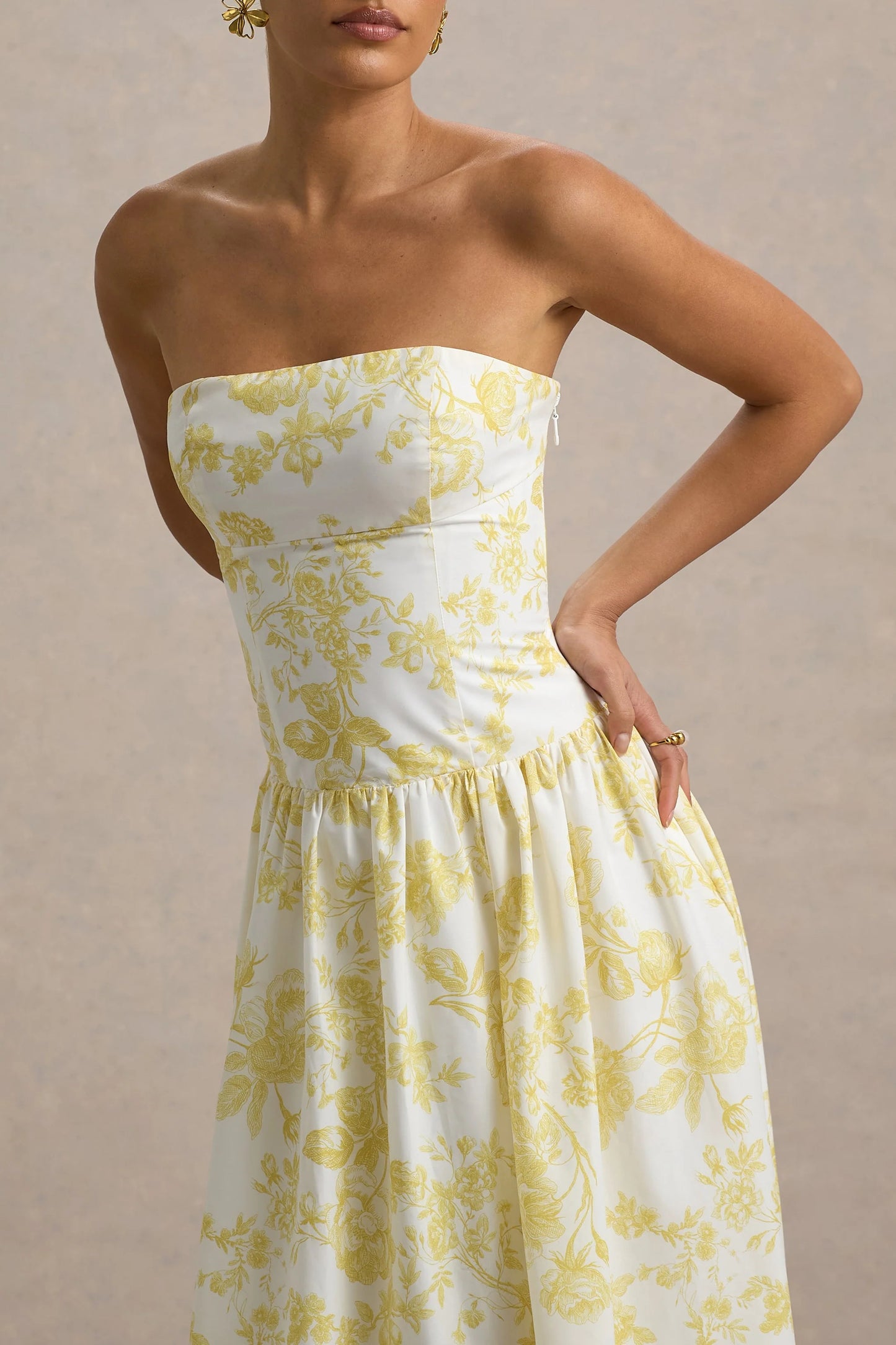 Bluebell Lemon Porcelain Print Poplin Bandeau Drop-Waist Midi Dress