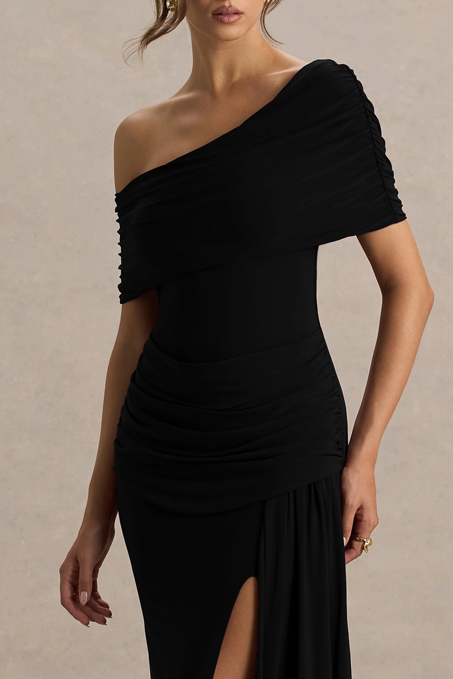 Dynasty Black Asymmetric-Neck Maxi Dress With Ruched Detailing And Front High-Split