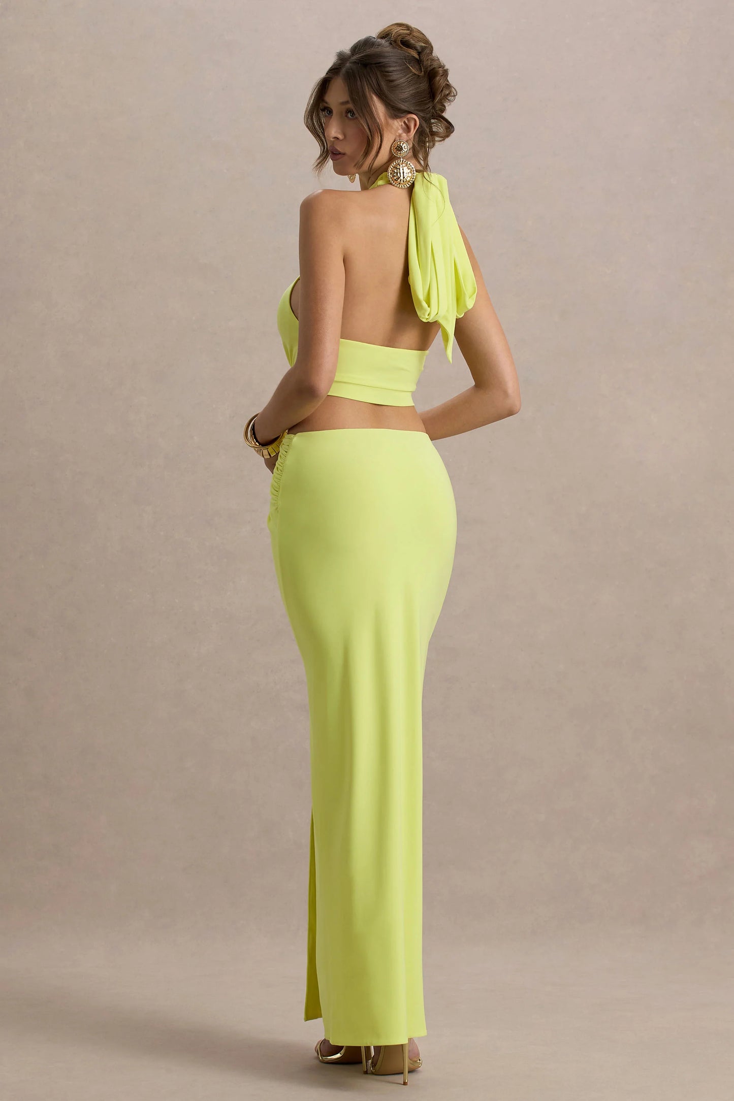 Aura Lime Green Halter-Neck Cut-Out Split Maxi Dress