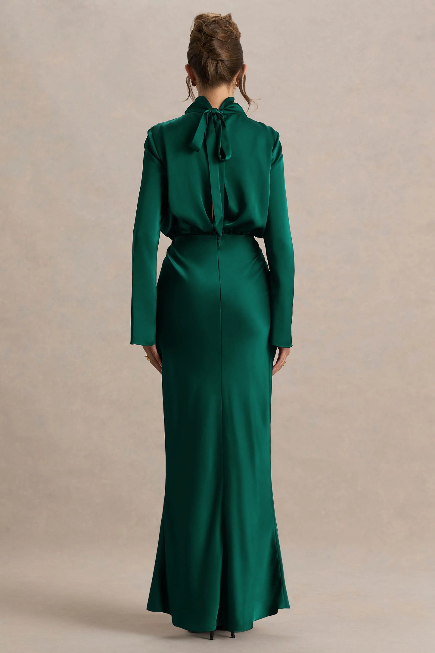 Celina Bottle Green Satin High-Neck Maxi Dress