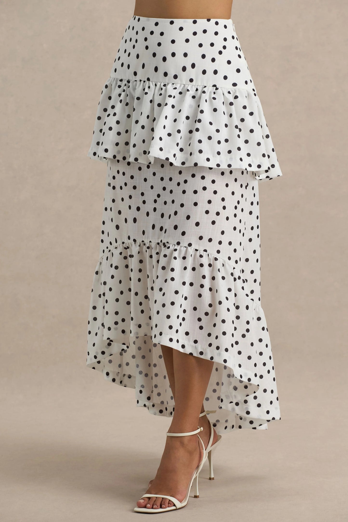 Emry White Polka Dot High-Waist Maxi Skirt With Ruffle Detail