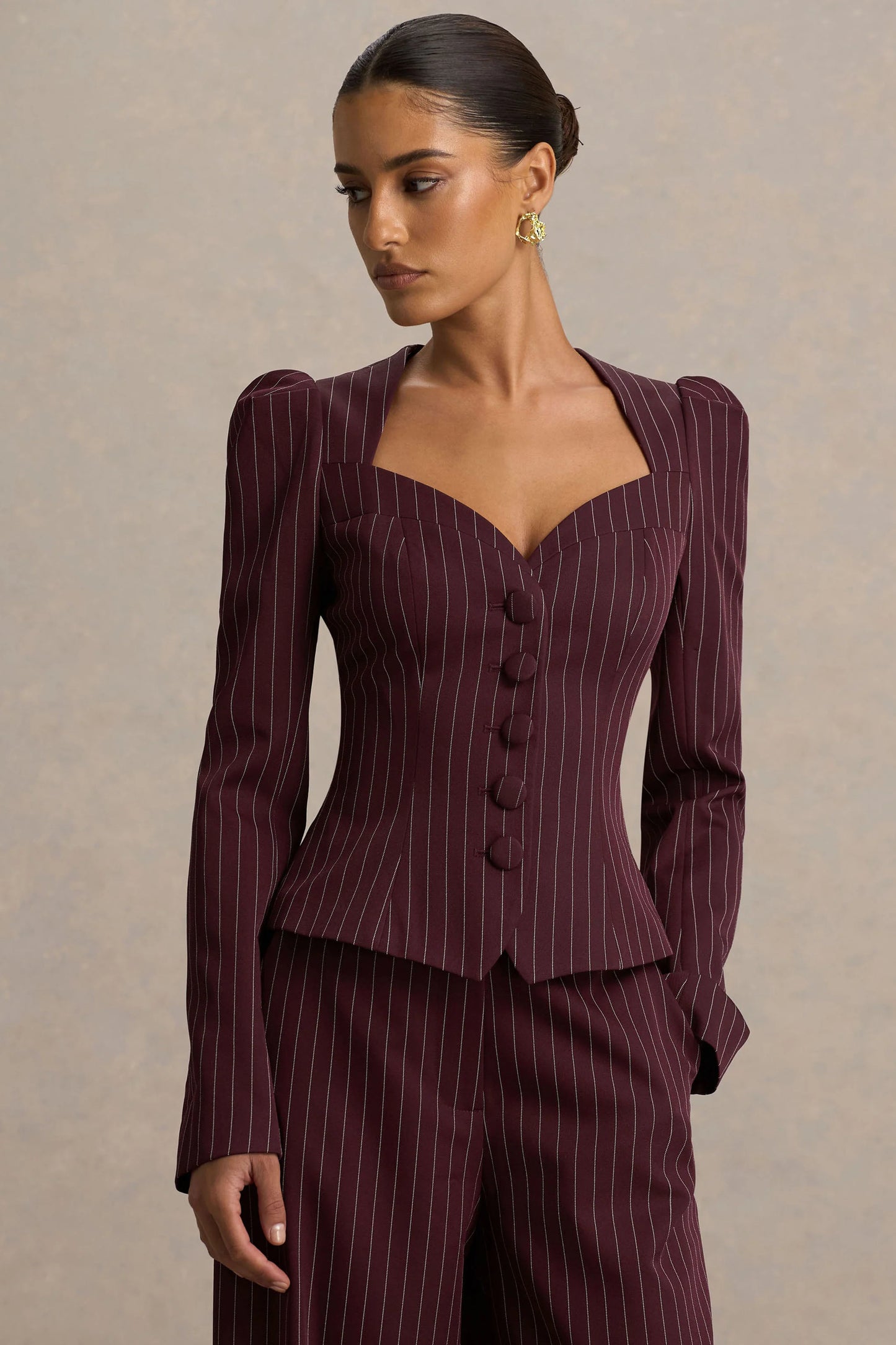 Lana Burgundy Pinstripe Woven Sweetheart-Neck Tailored Top