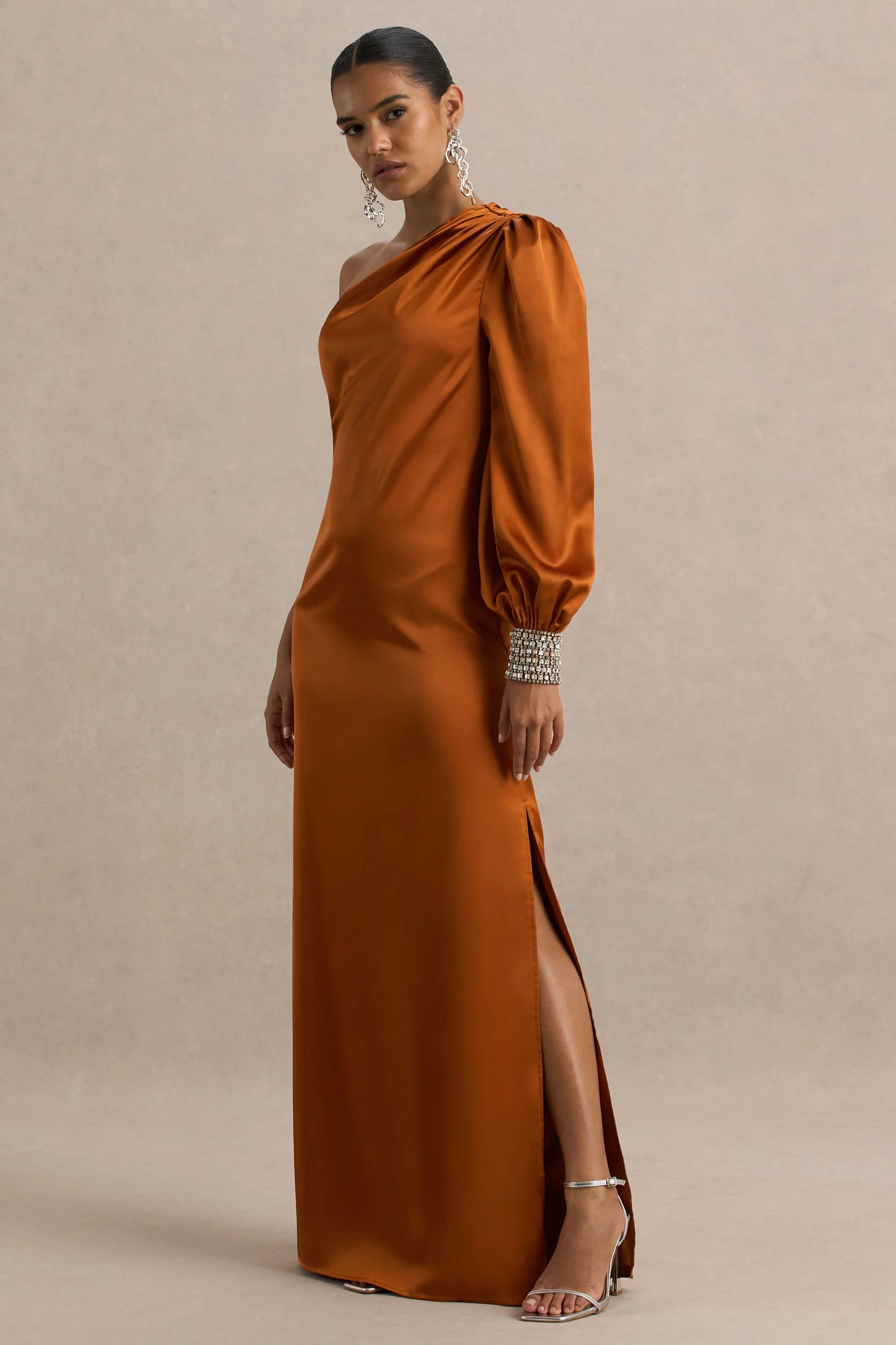 Thelma Orange Satin Asymmetric Maxi Dress With One-Sleeve