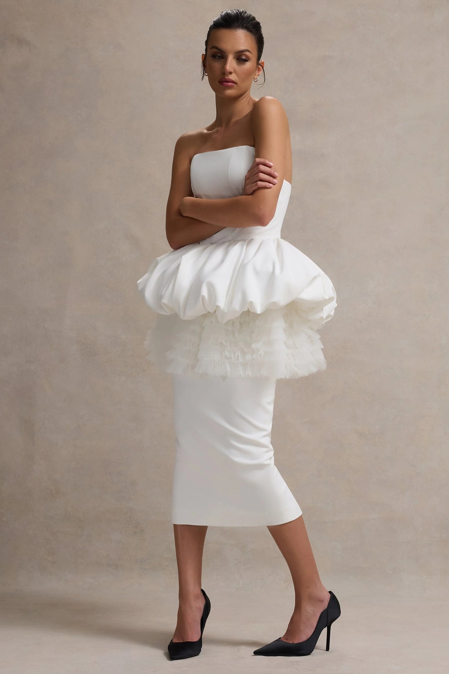 Jones White Strapless Midi Dress With Tulle Peplum Waist